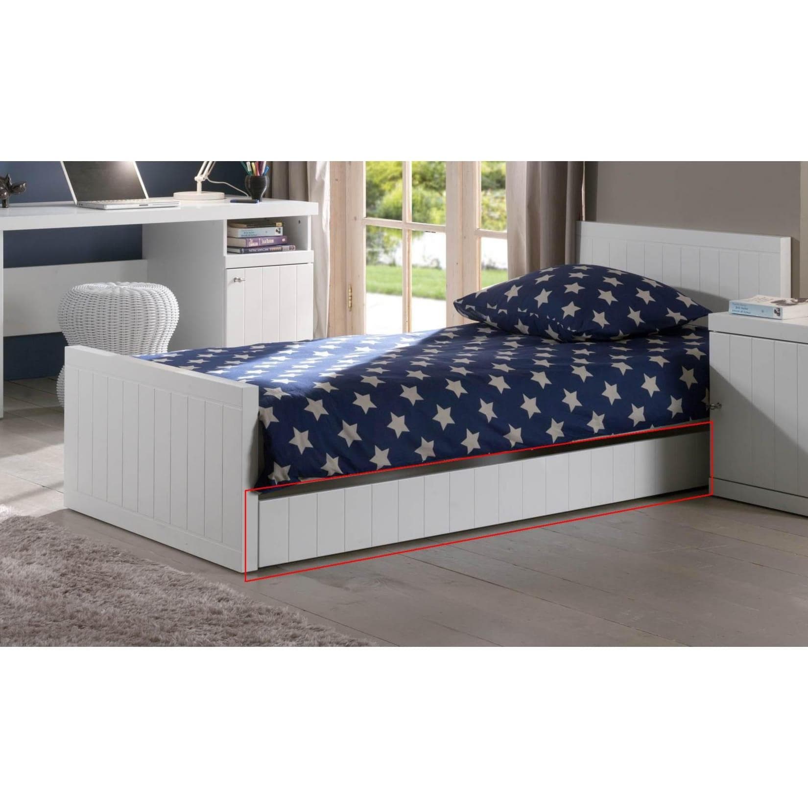 Weißer Bettschubkasten mit Rillenprofilen - Rollenführung