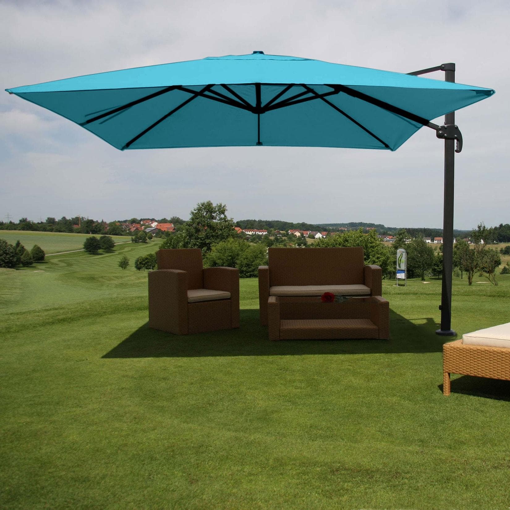 Gastronomie-Ampelschirm MCW-A96 3,5x3,5m Polyester Alu/Stahl 25kg Türkis