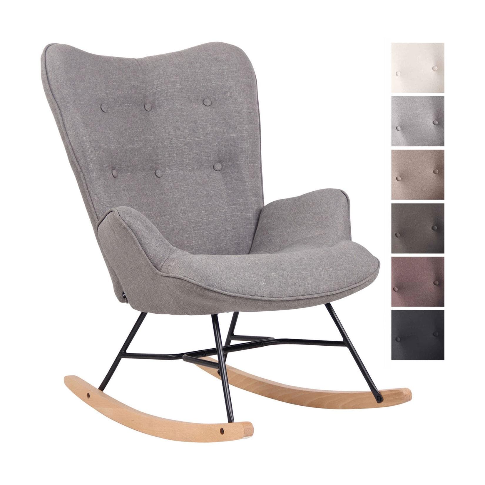 Gemütlicher Schaukelstuhl aus Stoff mit Holz- und Metalldetails