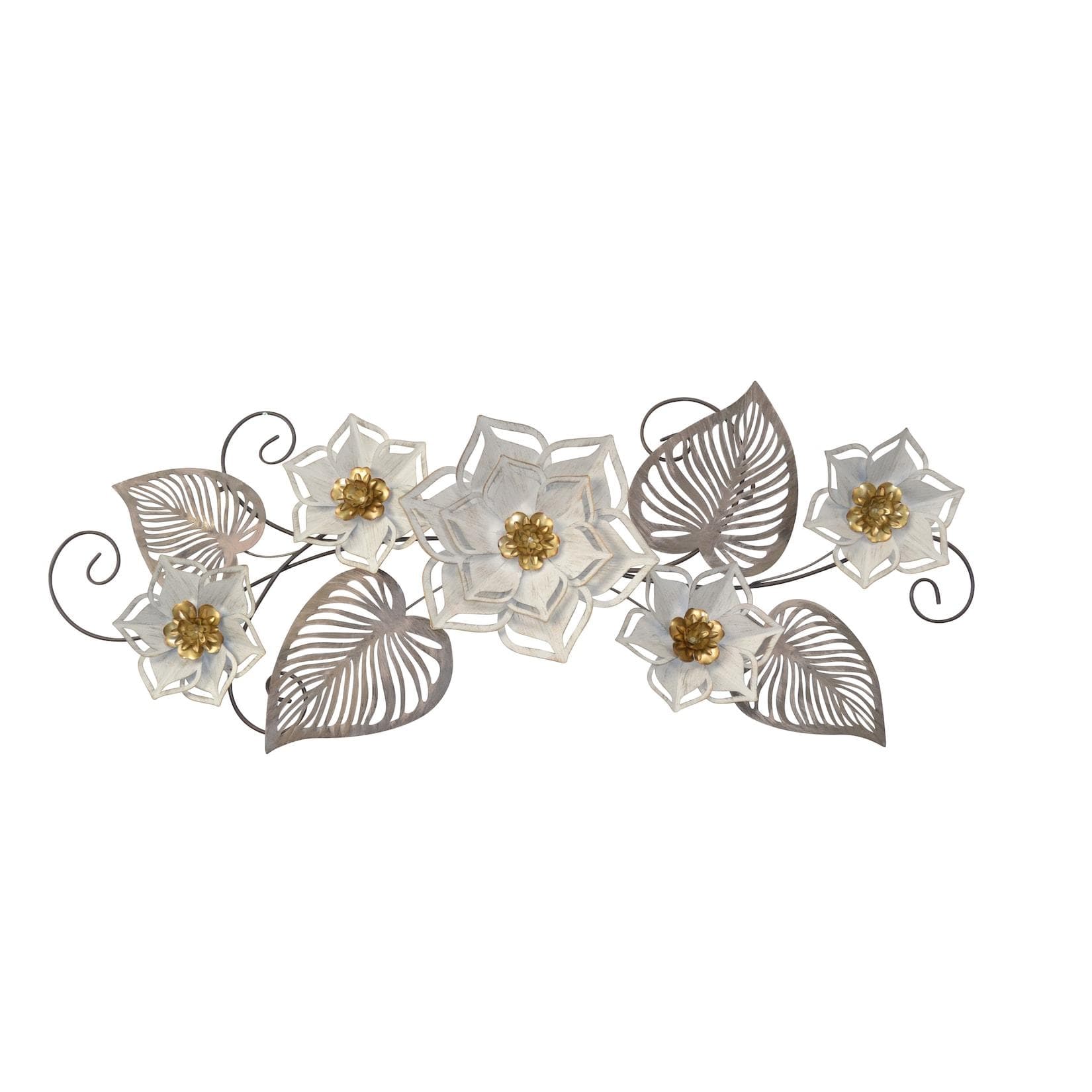 Romantische Wanddekoration Metall Blätter Gold Grau Cremeweiß