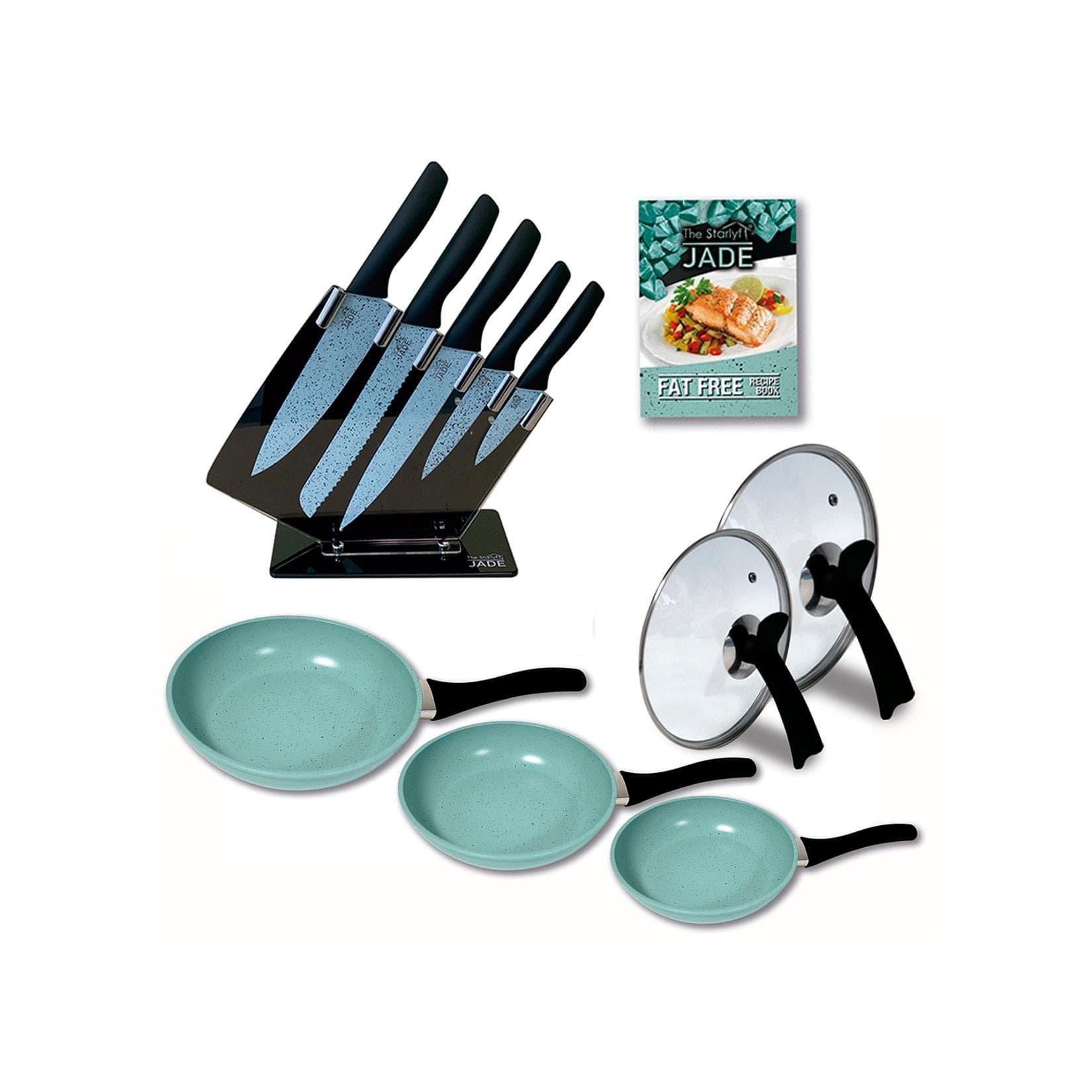 Starlyf® Küchenstarterset 5-tlg. Pfannen + Jade Knife Messer Set Grün