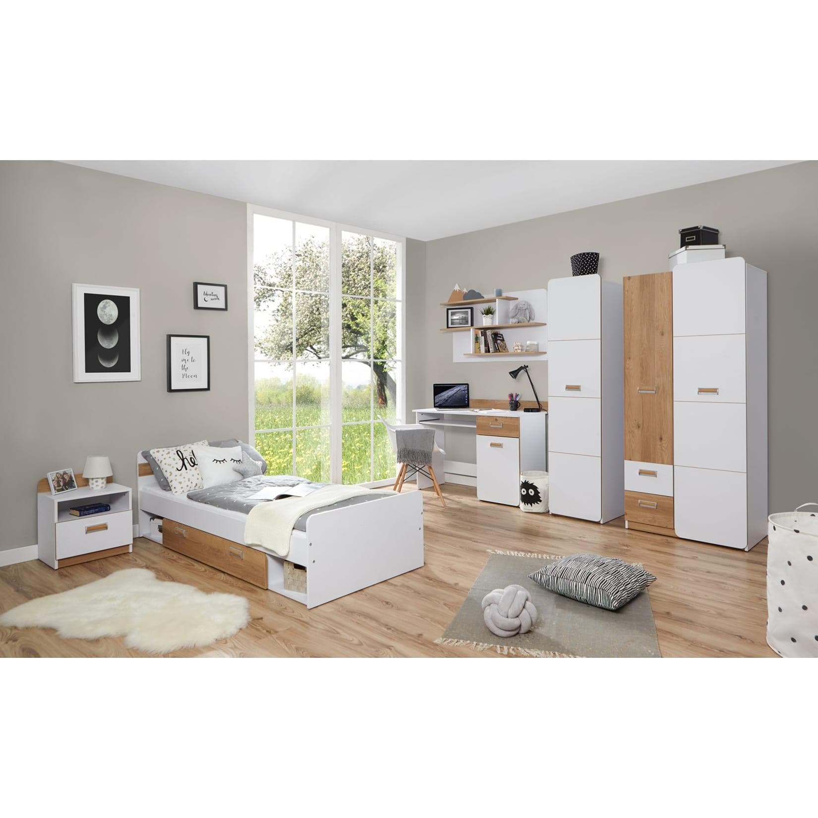 Jugendzimmer-Set: Bett, Schrank, Schreibtisch & Regale