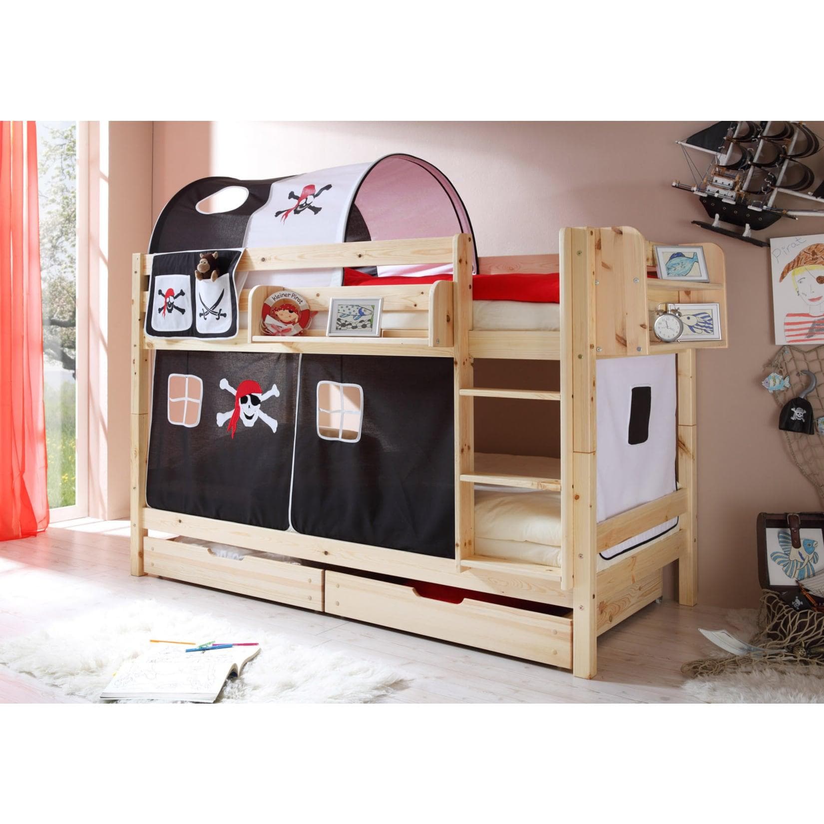 TiCAA Etagenbett Marcel Kiefer Natur mit Vorhang