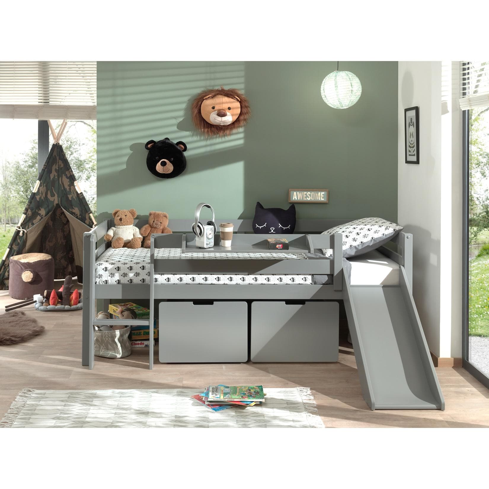 Niedriges Spielbett aus Kiefer MDF Weiß - mit optionalem Hängeregal