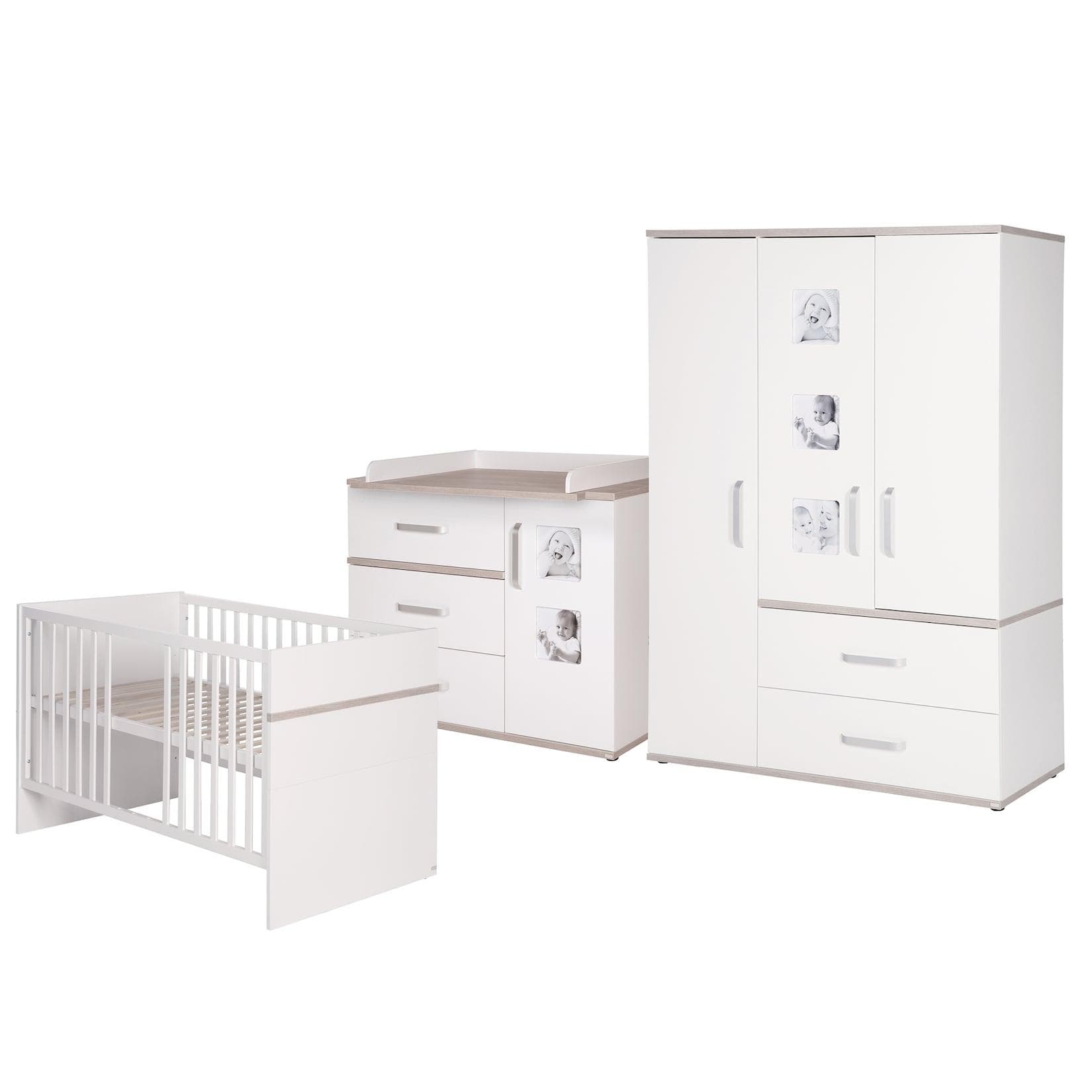 roba® Babyzimmer-Komplettset Moritz: Weiß & Luna Elm, Gitterbett, Wickelkommode & Schrank