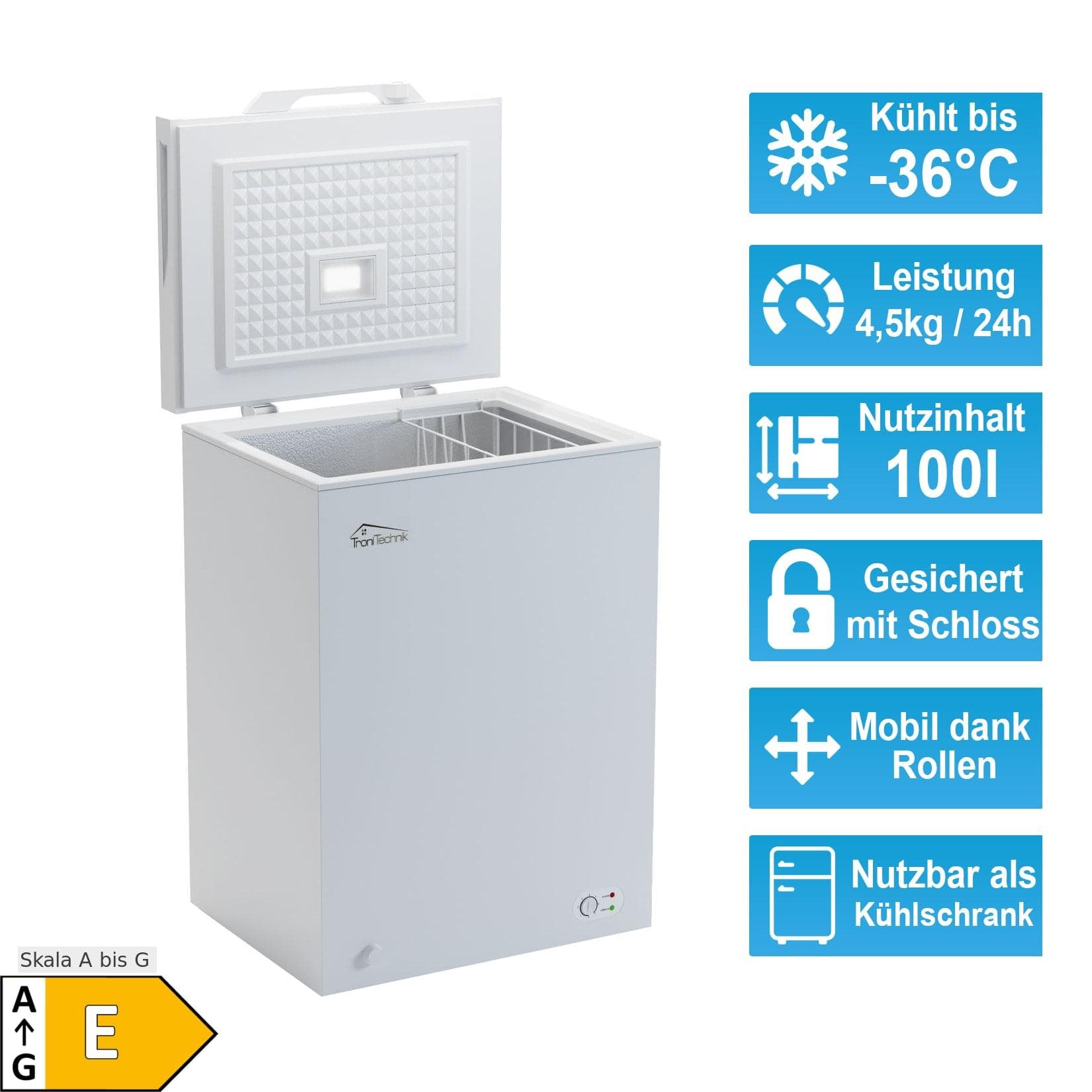 TroniTechnik Gefriertruhe Kühltruhe BORGAR PRO 110 Liter LED-Licht