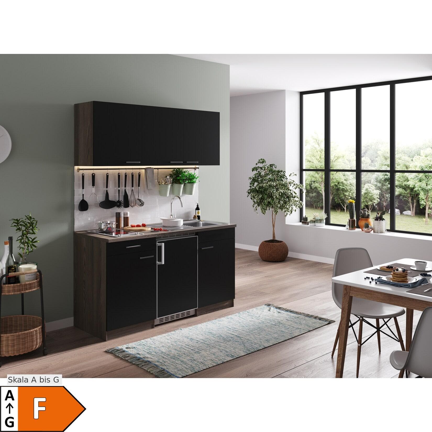 Respekta Küchenzeile 150 cm Schwarz-Eiche York Nachbildung