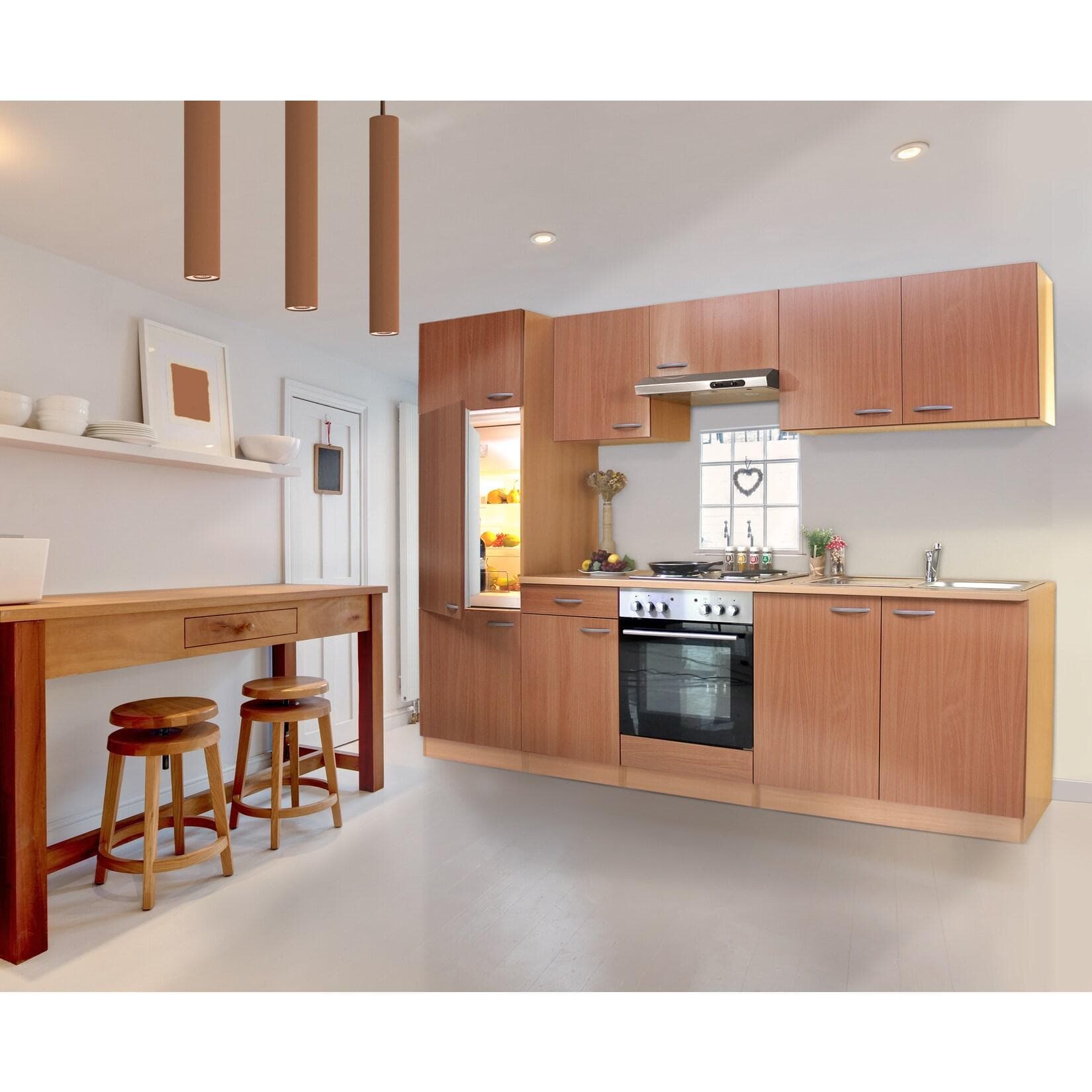 Respekta Küchenzeile KB270BBE 270 cm Buche Nachbildung Edelstahl