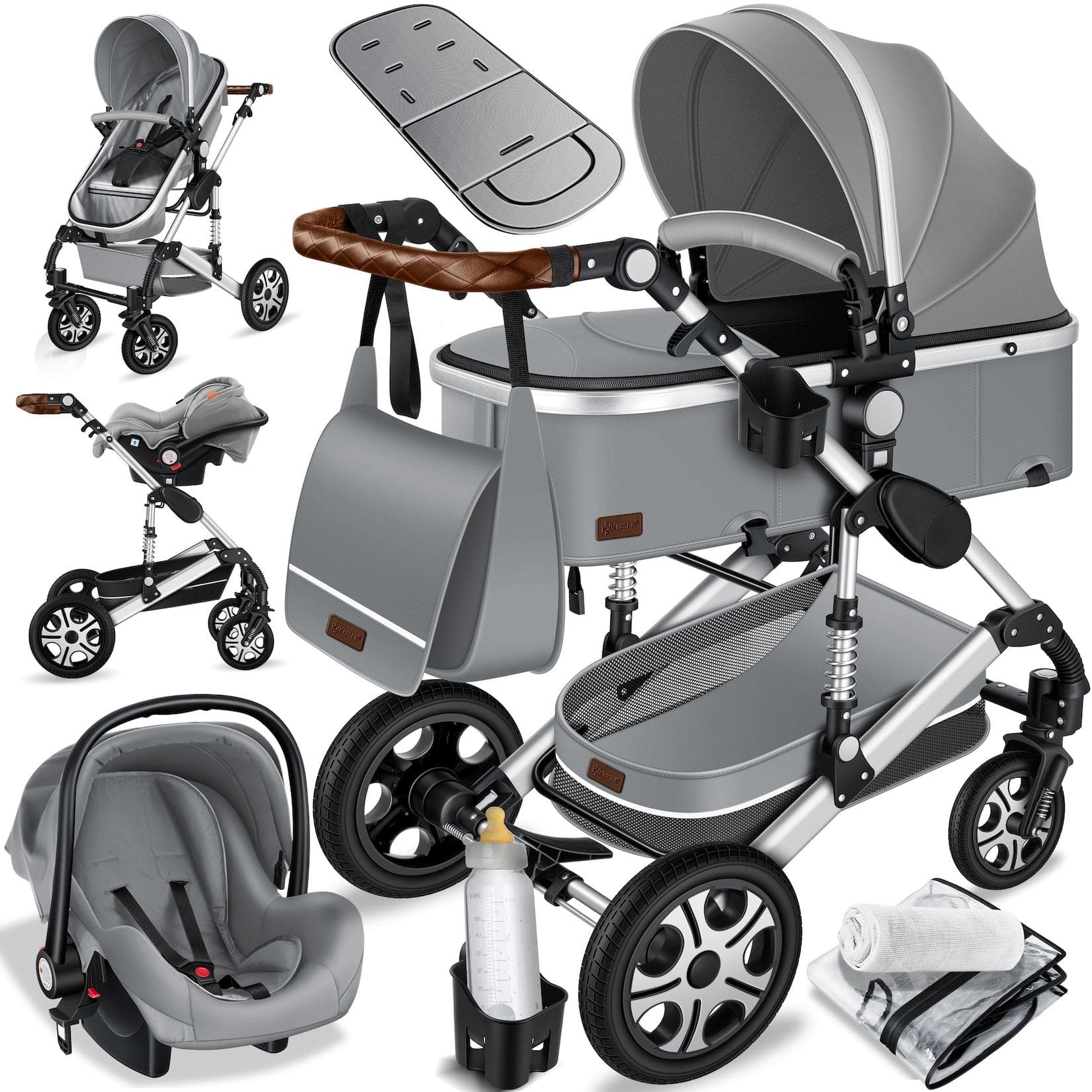 KESSER Loops 4in1 Kinderwagen Kombi-Set inkl. Babywanne, Babyschale, Fußsack, Korb, Wickeltasche, Regen- und Insektenschutz & Flaschenhalter