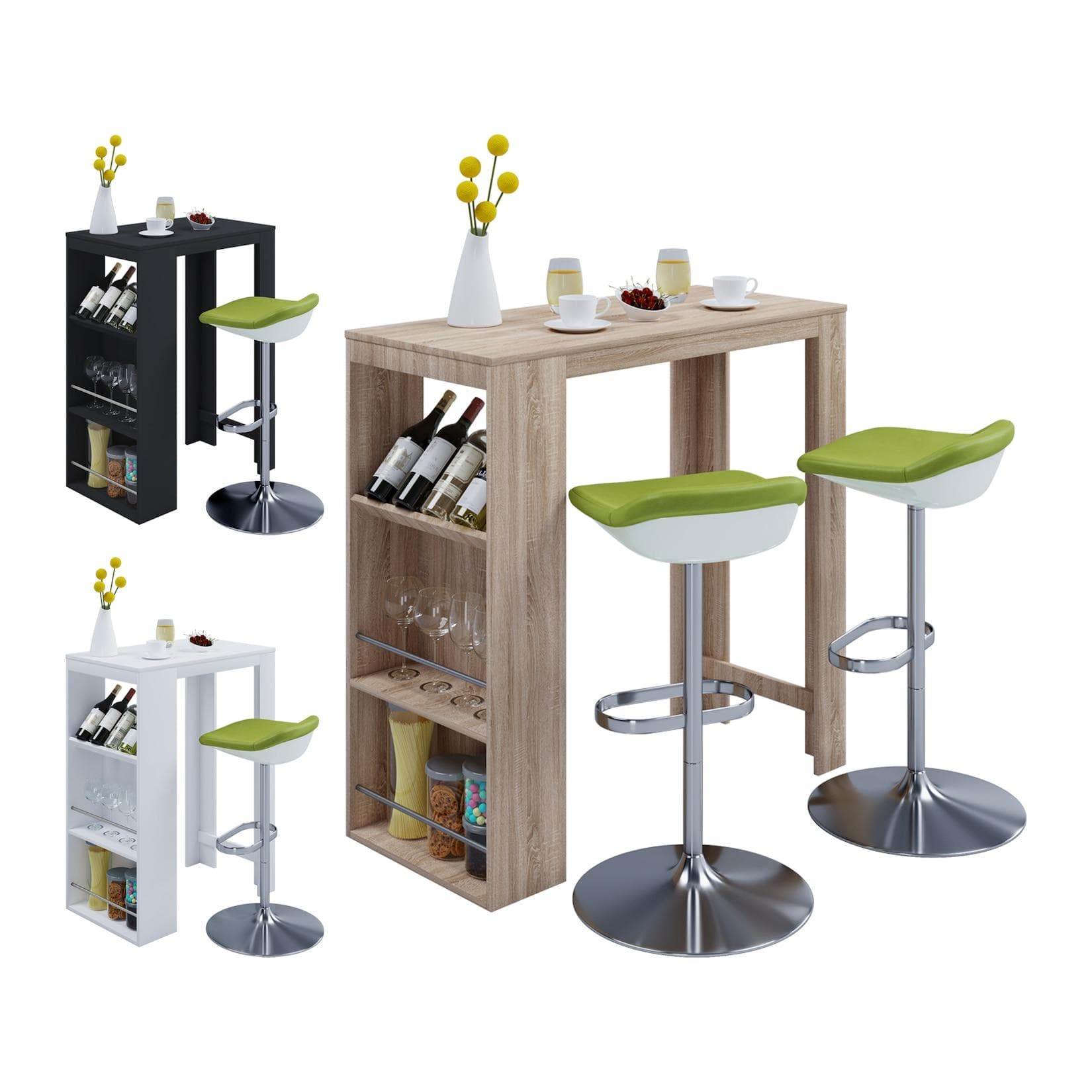 VCM Oktola Holz Bartisch mit Stauraum und Flaschenfach