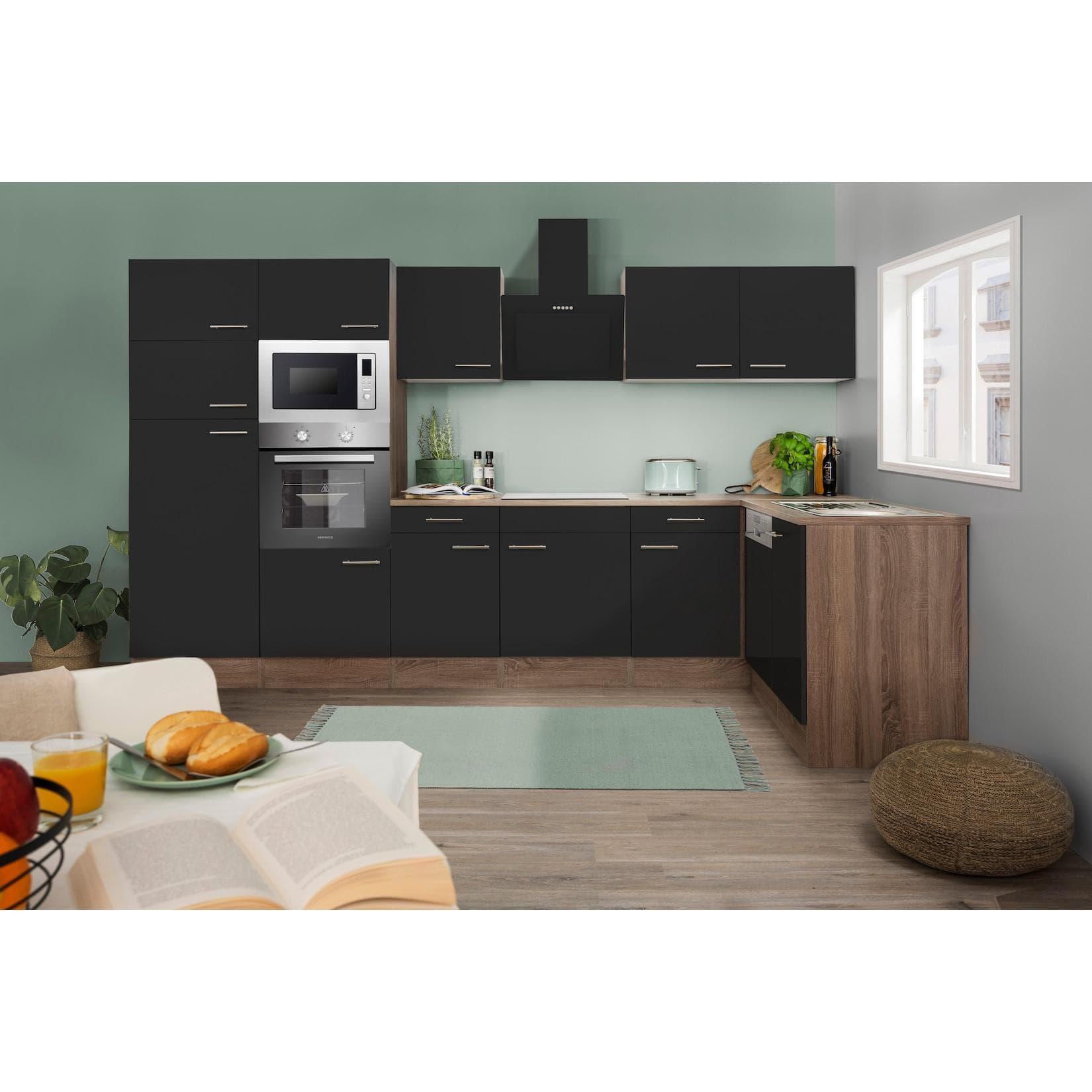 Respekta Küchenprogramm Eiche York Winkelküche 340 cm inkl. E-Geräte & Mineralite Einbauspüle, Schwarz