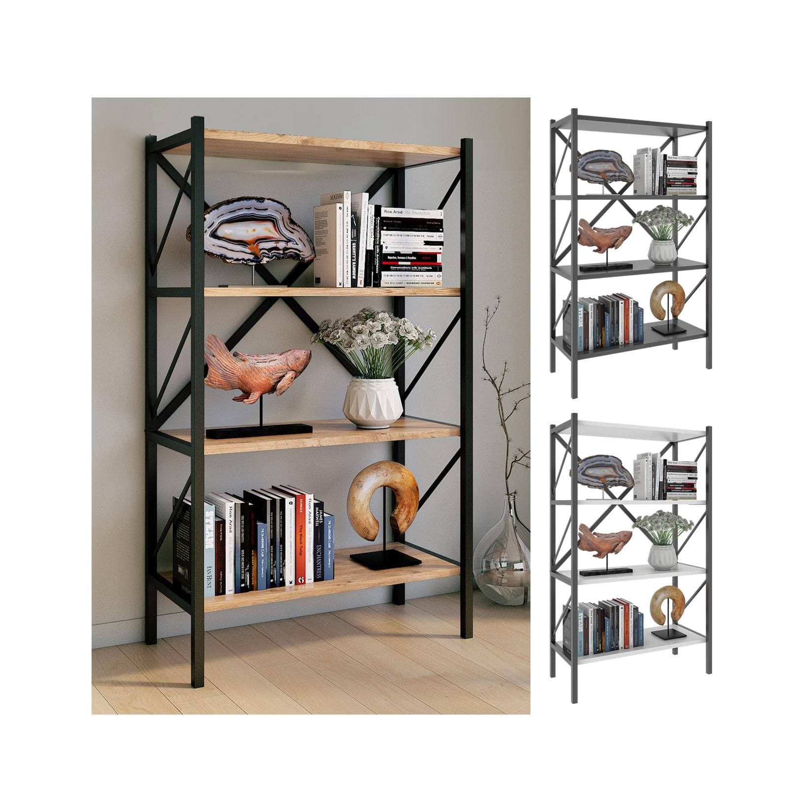 Holzregal Metall 4-Fach | Bücherschrank & Stauraum für Büro