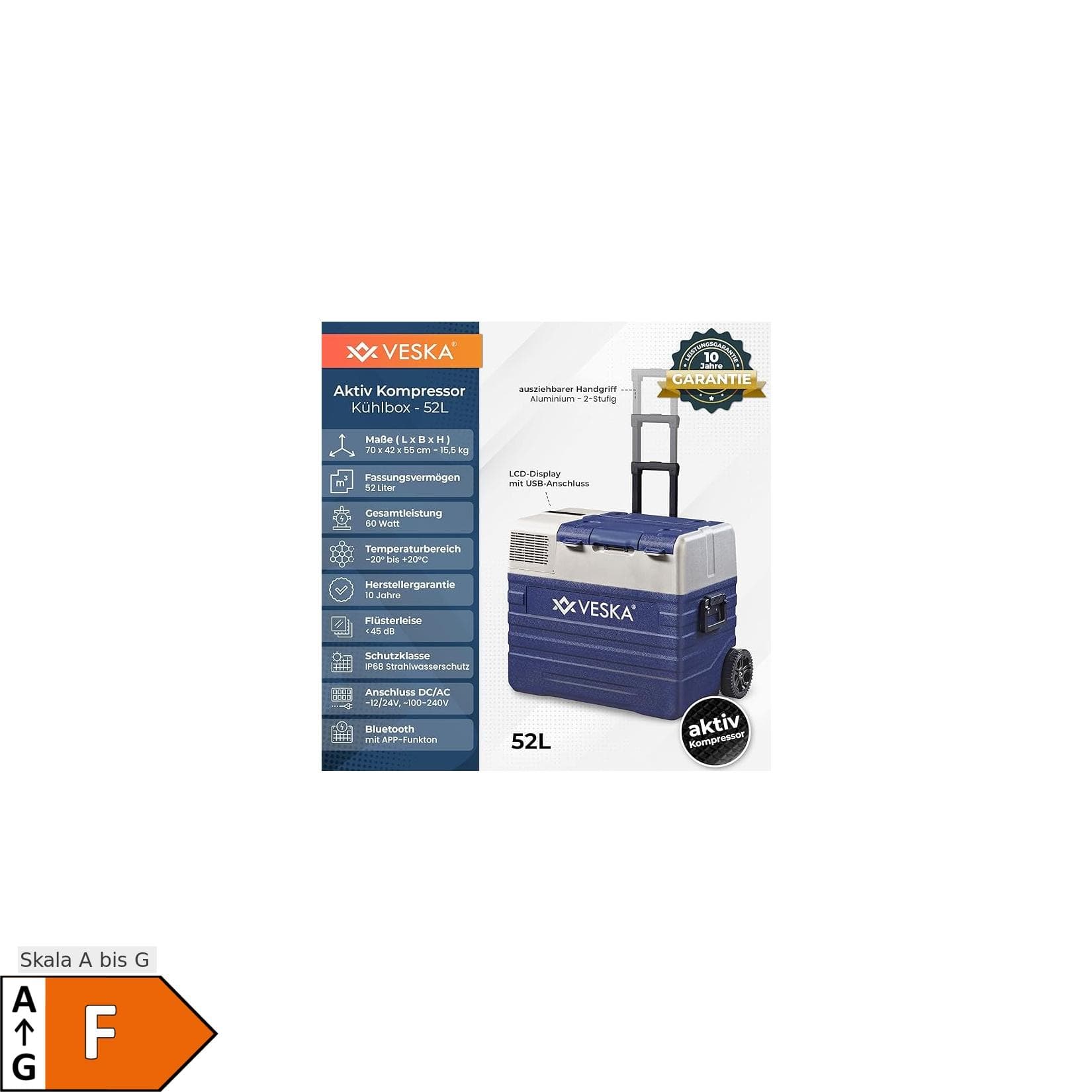 VESKA Kompressor Kühlbox elektrisch, Gefriertruhe mit APP-Steuerung - 52l Blau