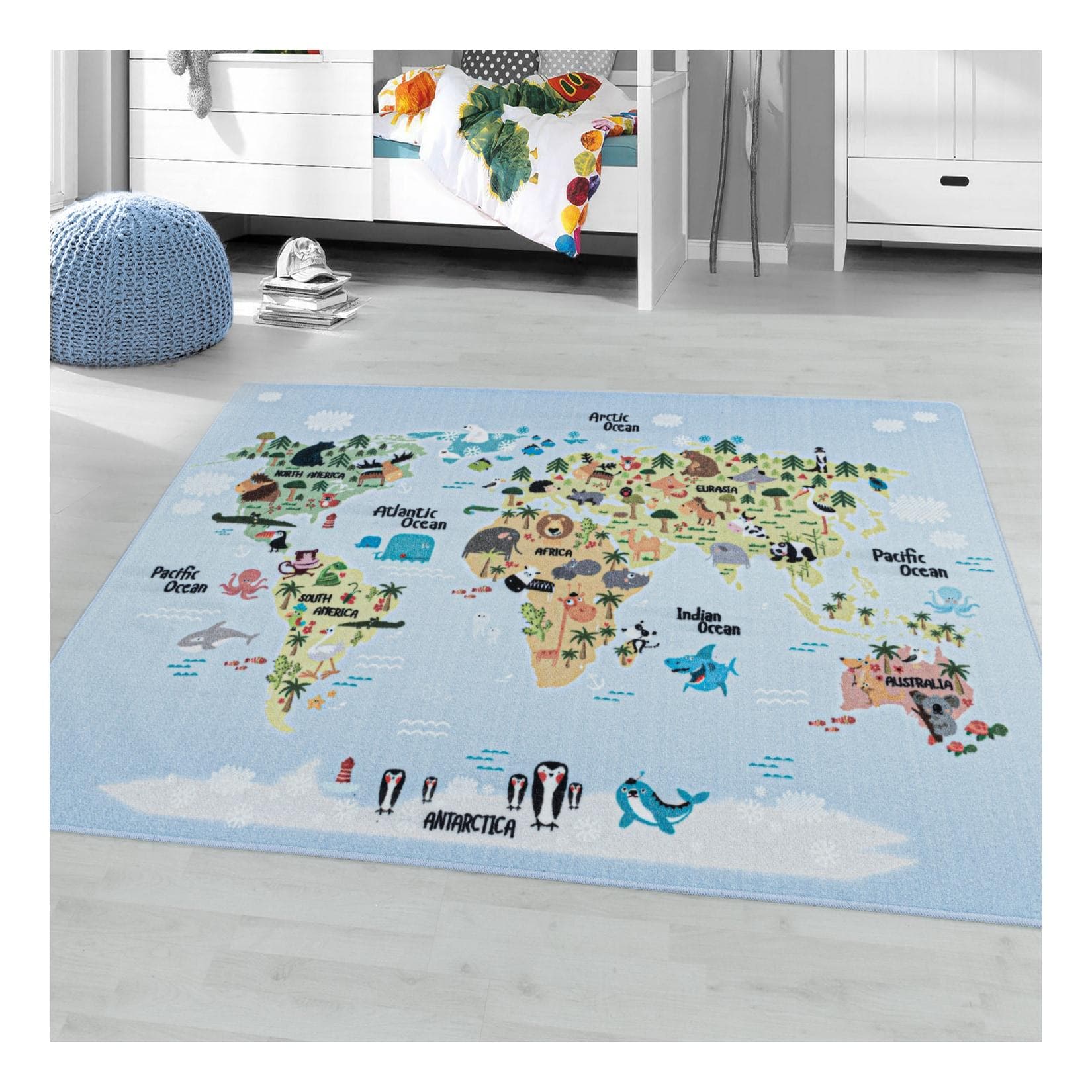 Homtex Kinderteppich Weltkarte Mit Tieren - Spielteppich Für Kinderzimmer