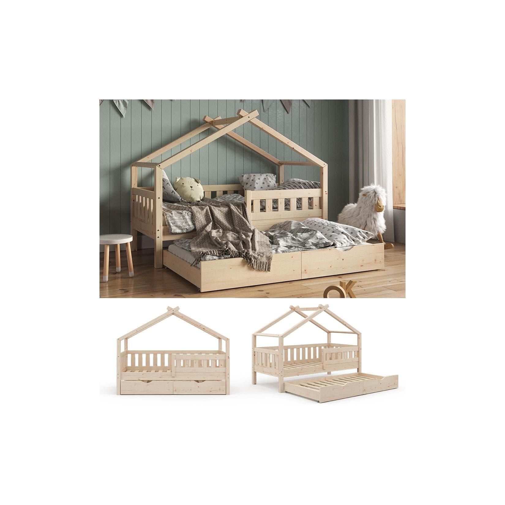 VitaliSpa® Hausbett Naturholz mit Gästebett S00850QG