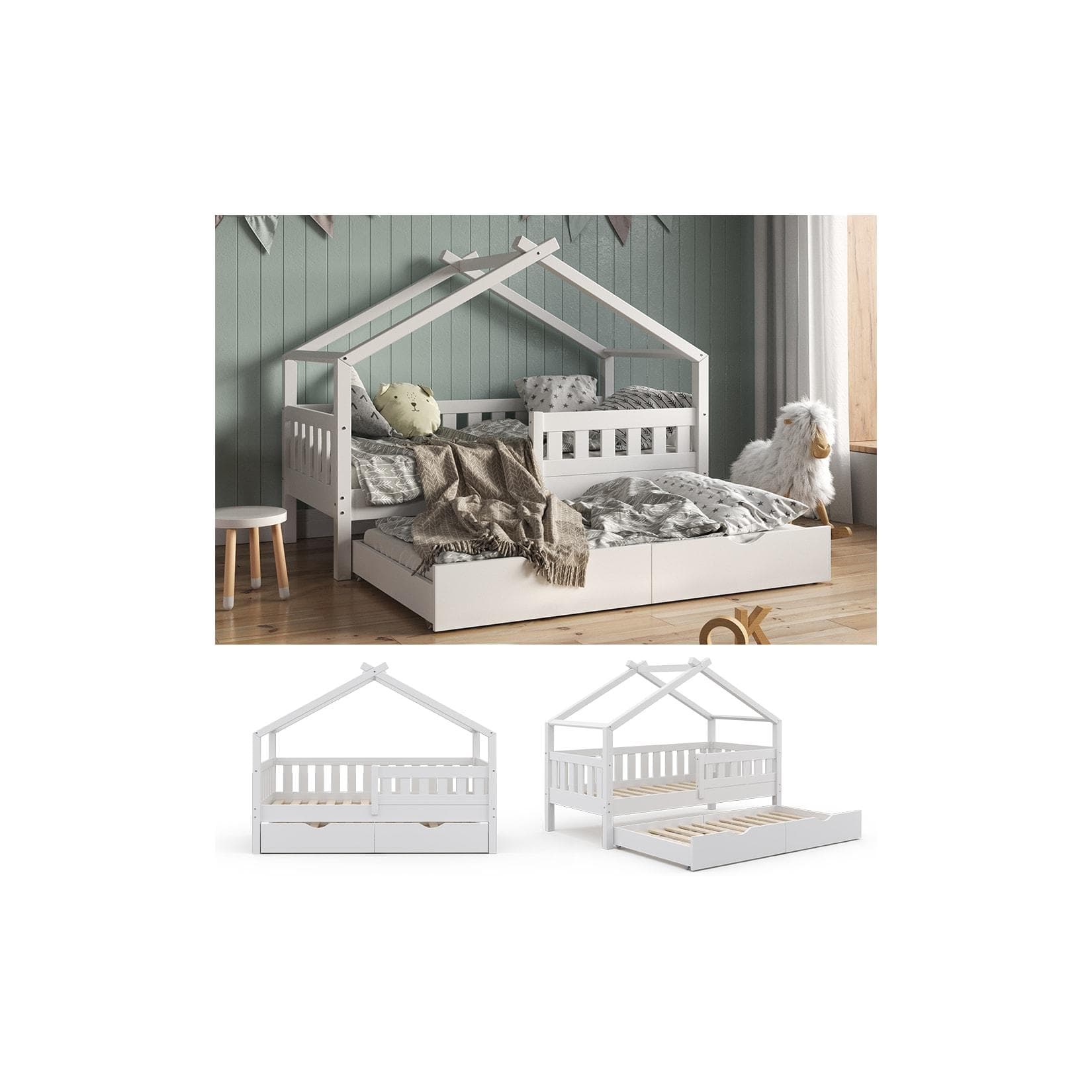 VitaliSpa® Hausbett Weiß mit Gästebett - Holzspielbett für Kinder