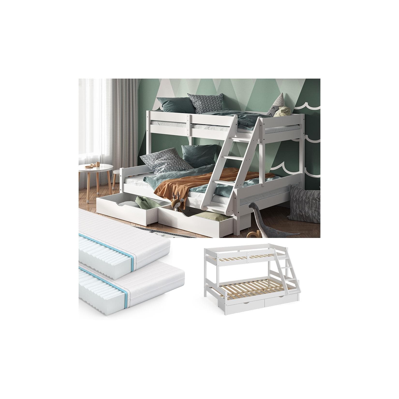 Etagenbett Everest Weiß mit Schubladen & Matratzen