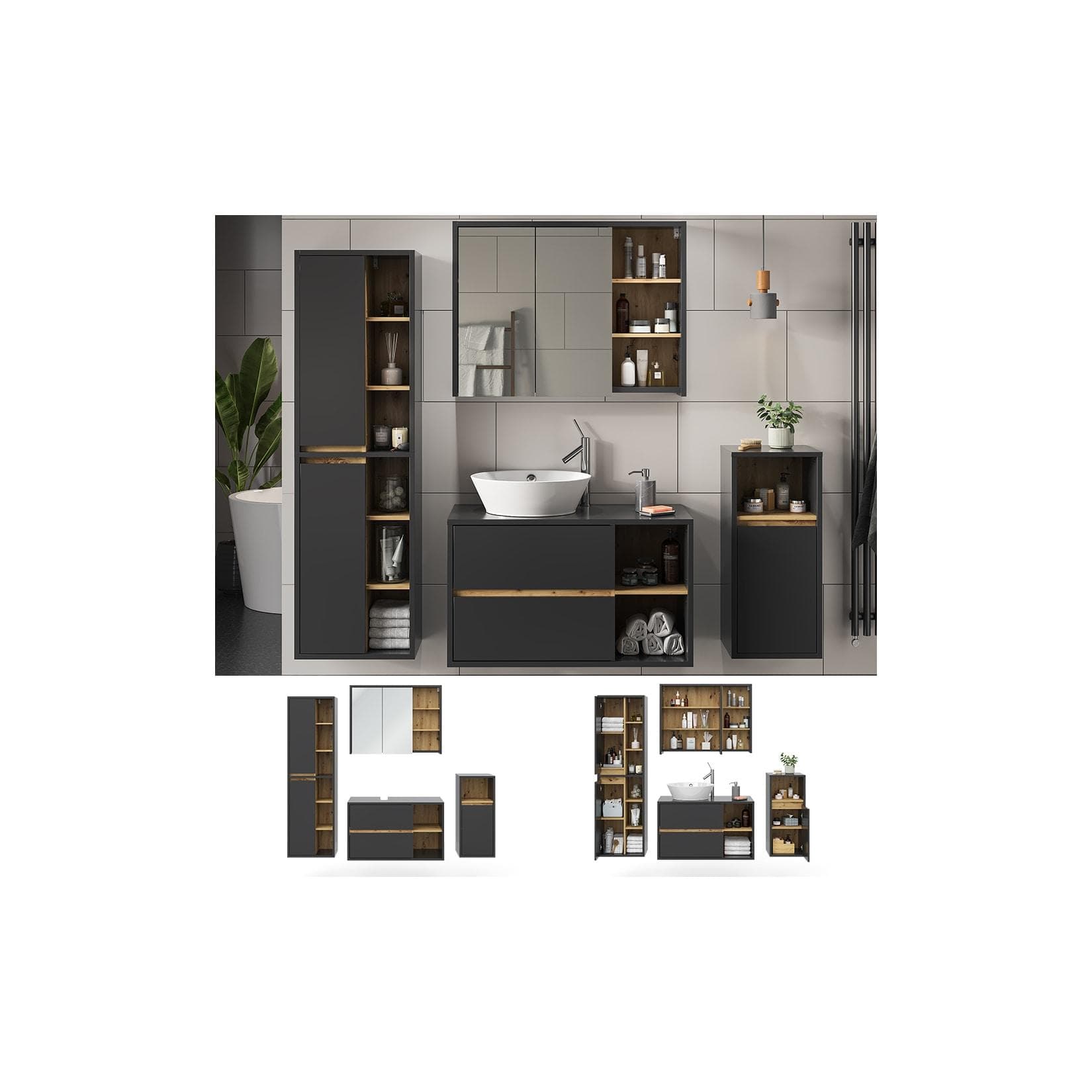 Vicco Badmöbel-Set Viola Anthrazit/Eiche - Modernes Design mit viel Stauraum