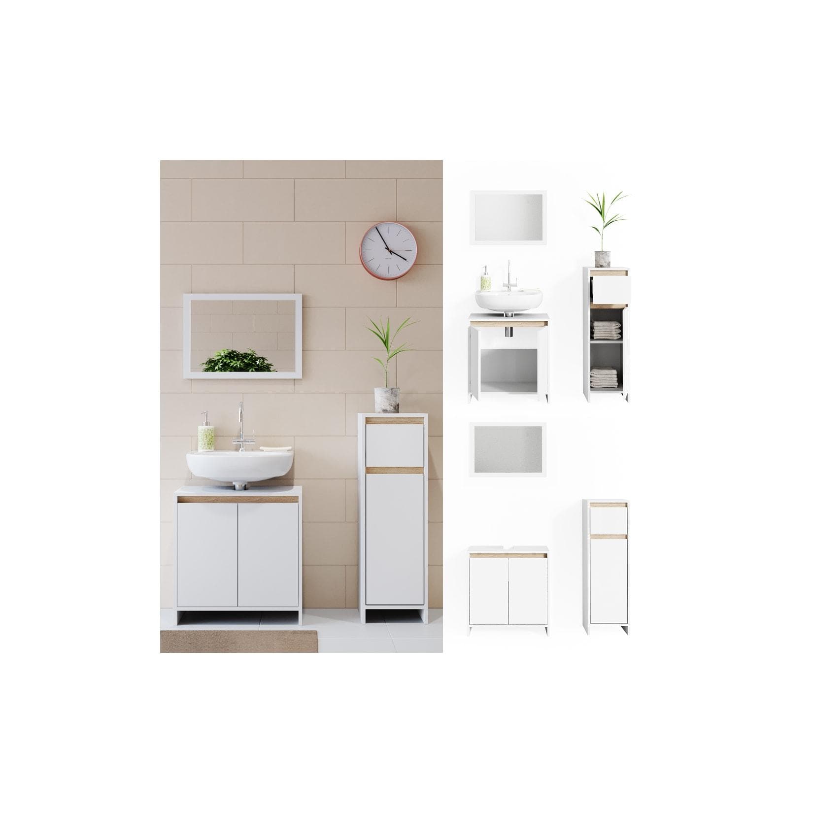 Badmöbel-Set Weiß/Sonoma mit Midischrank 3-teilig