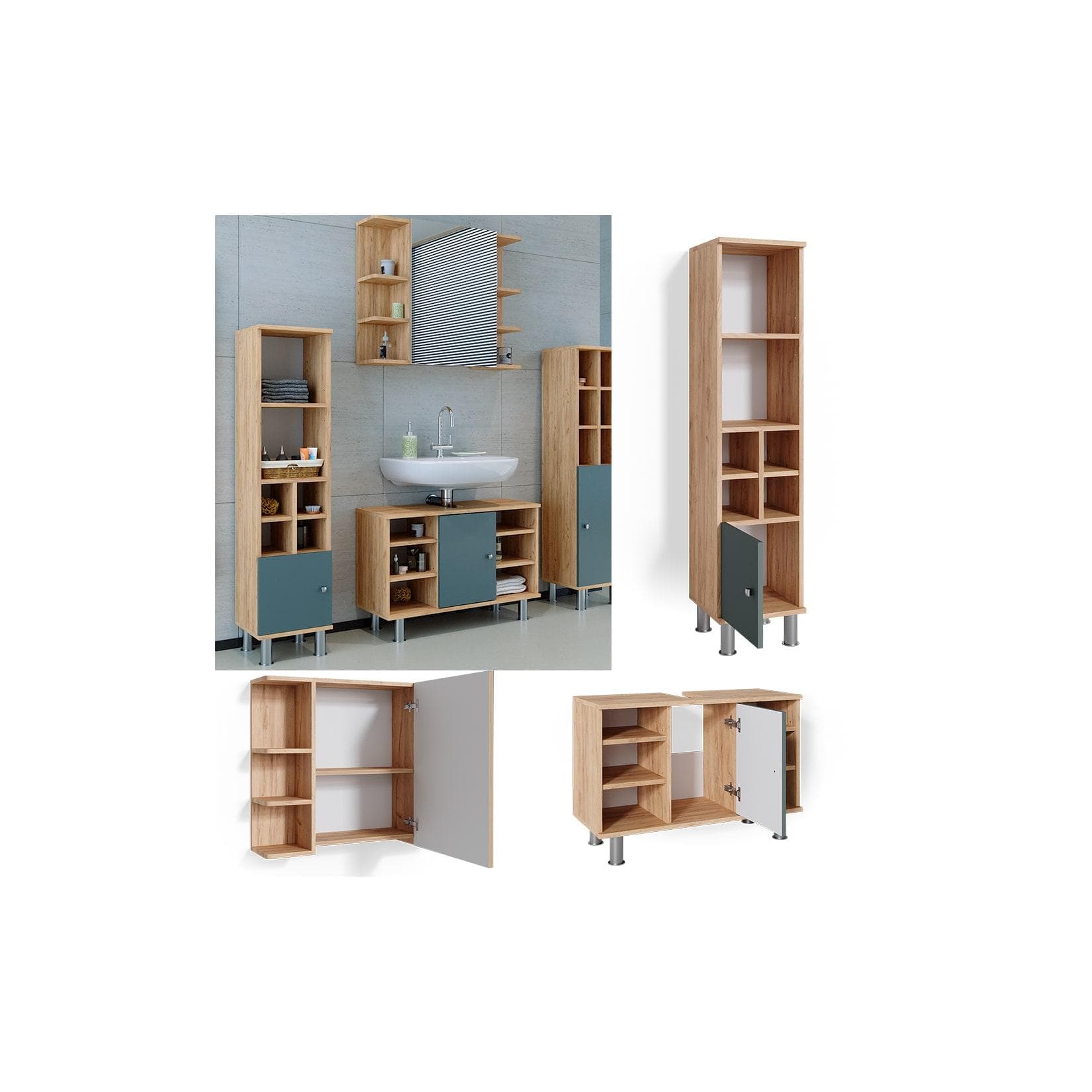 Badmöbel-Set Grün/Goldkraft Eiche mit Midischrank