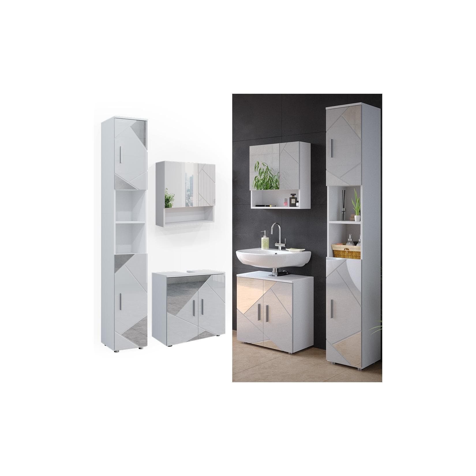 Hochglanz Badmöbel-Set Weiß mit Einsätzen und Spiegel