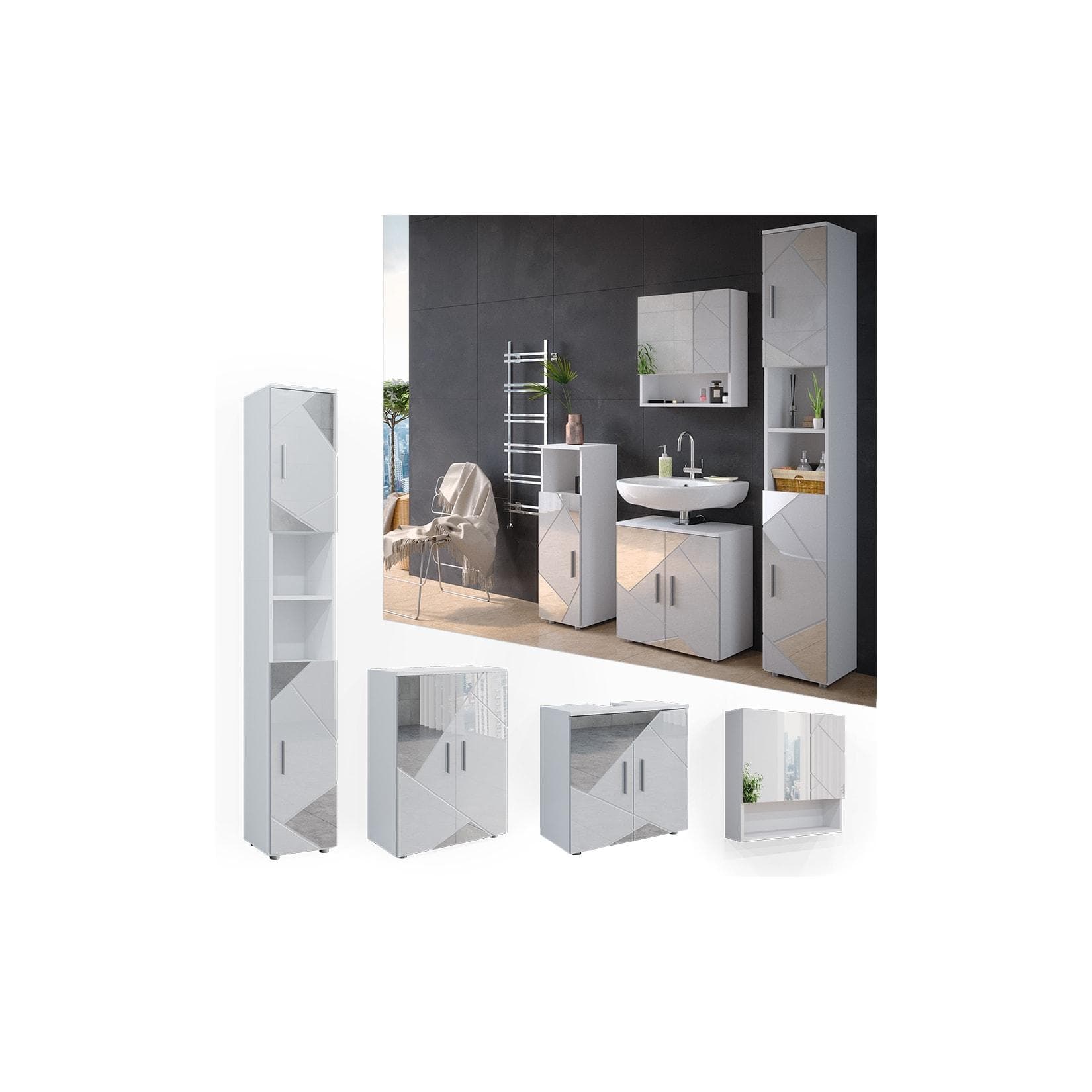 Hochglanz Badmöbel Set Weiß mit Einsätzen - 4 Teile + Hochschrank & Kommode