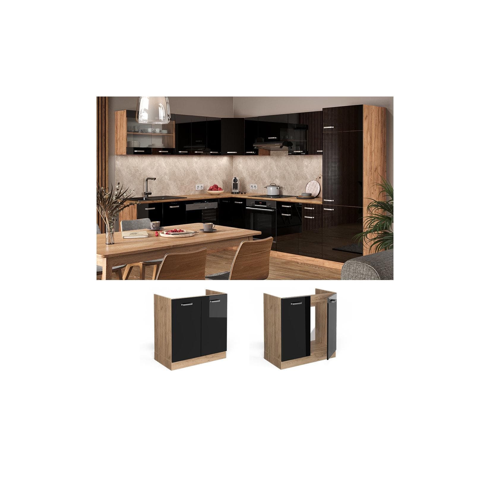 Spülenschrank R-Line Blau-Grau/Goldkraft Eiche