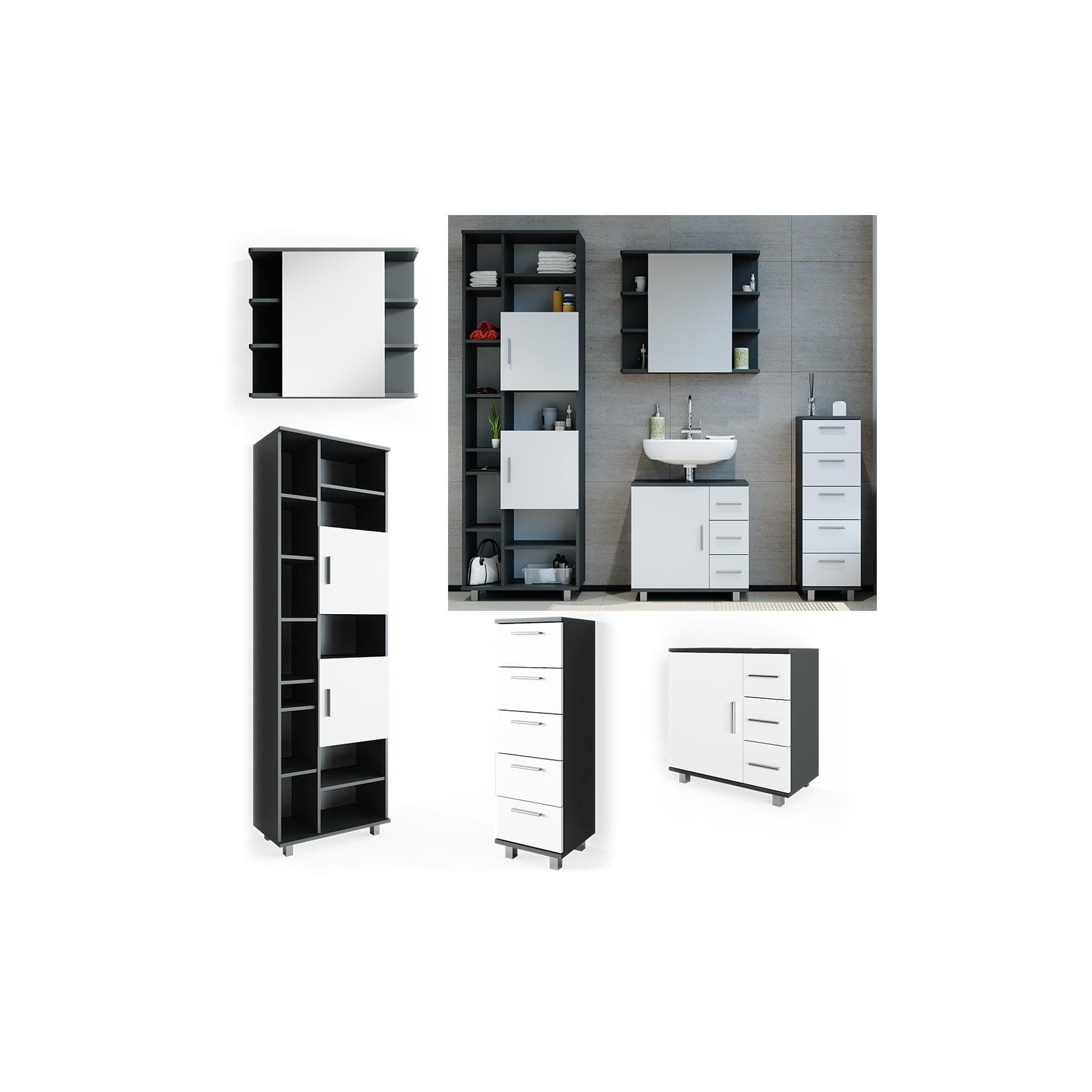 Modernes Badmöbel-Set in Weiß/Anthrazit - 4 Teile