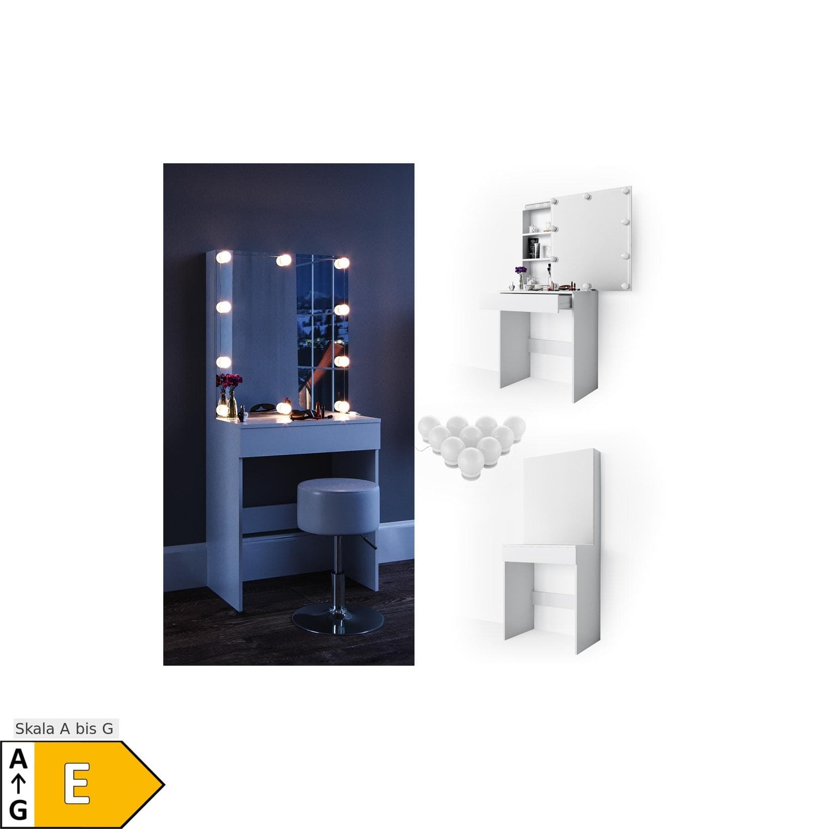 Vicco Schminktisch Melle Weiß mit Spiegel und LED-Lichterkette