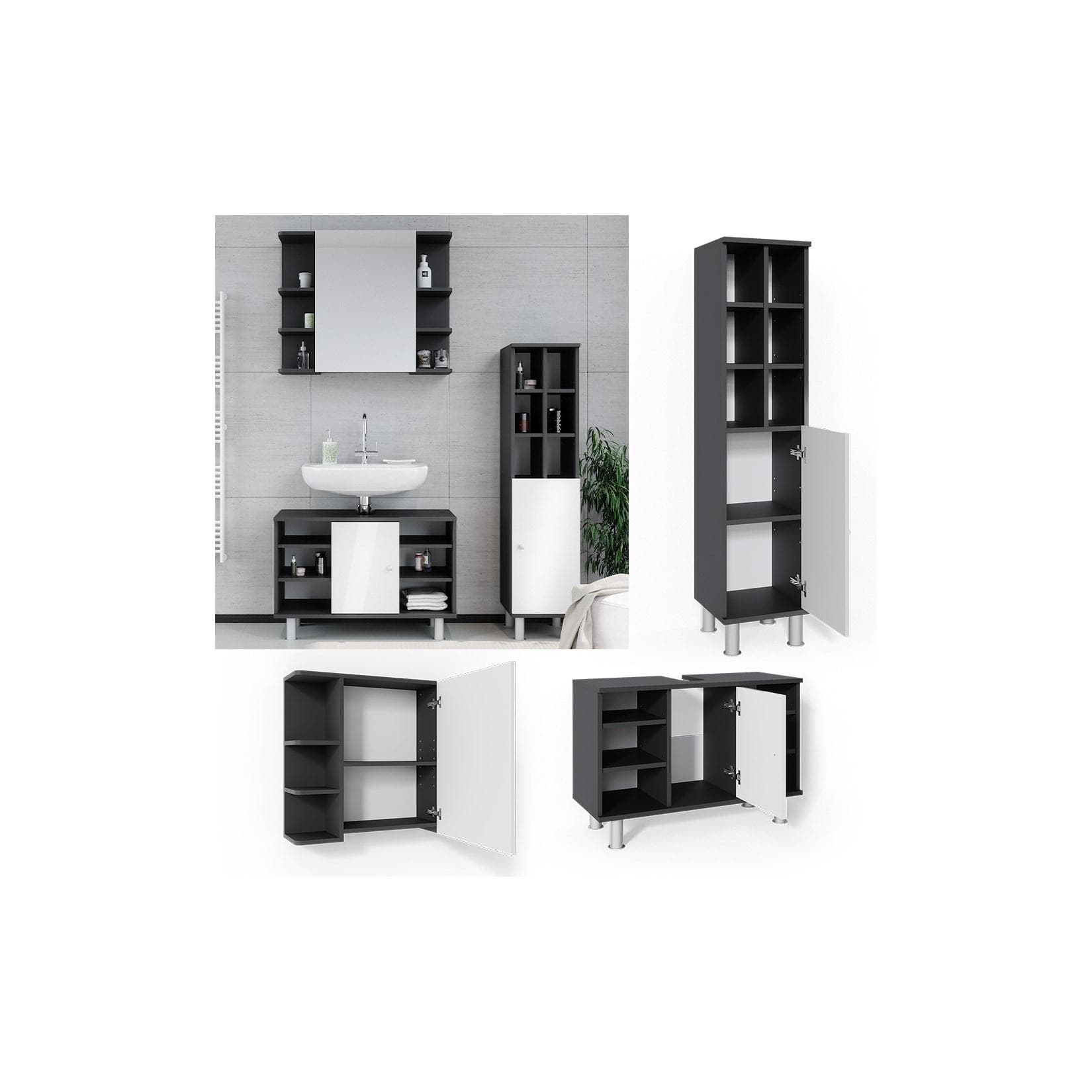 Anthrazit/Weißes Badmöbel-Set mit großem Midischrank