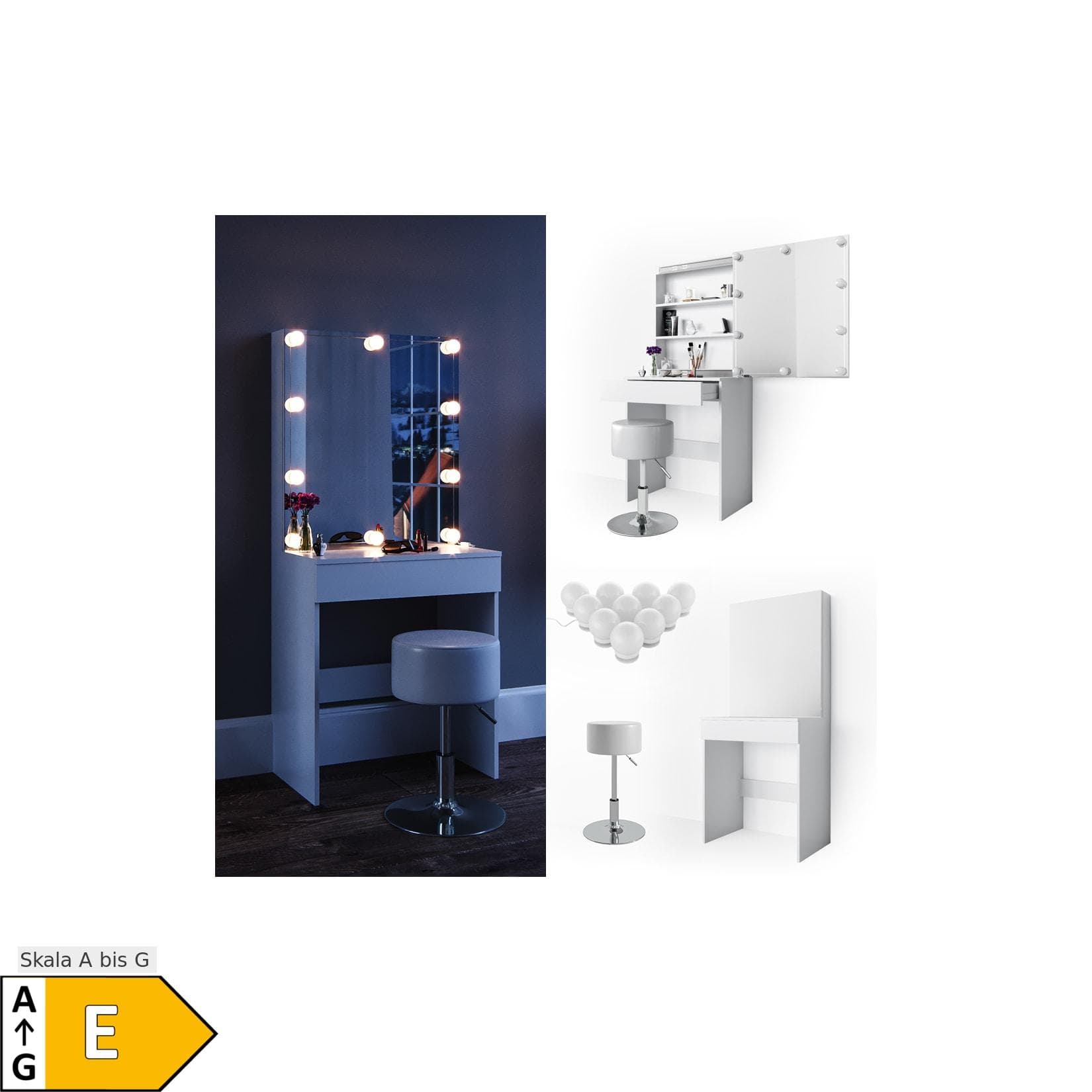 Vicco Schminktisch Melle Weiß mit Spiegel, Hocker & LED-Lichterkette