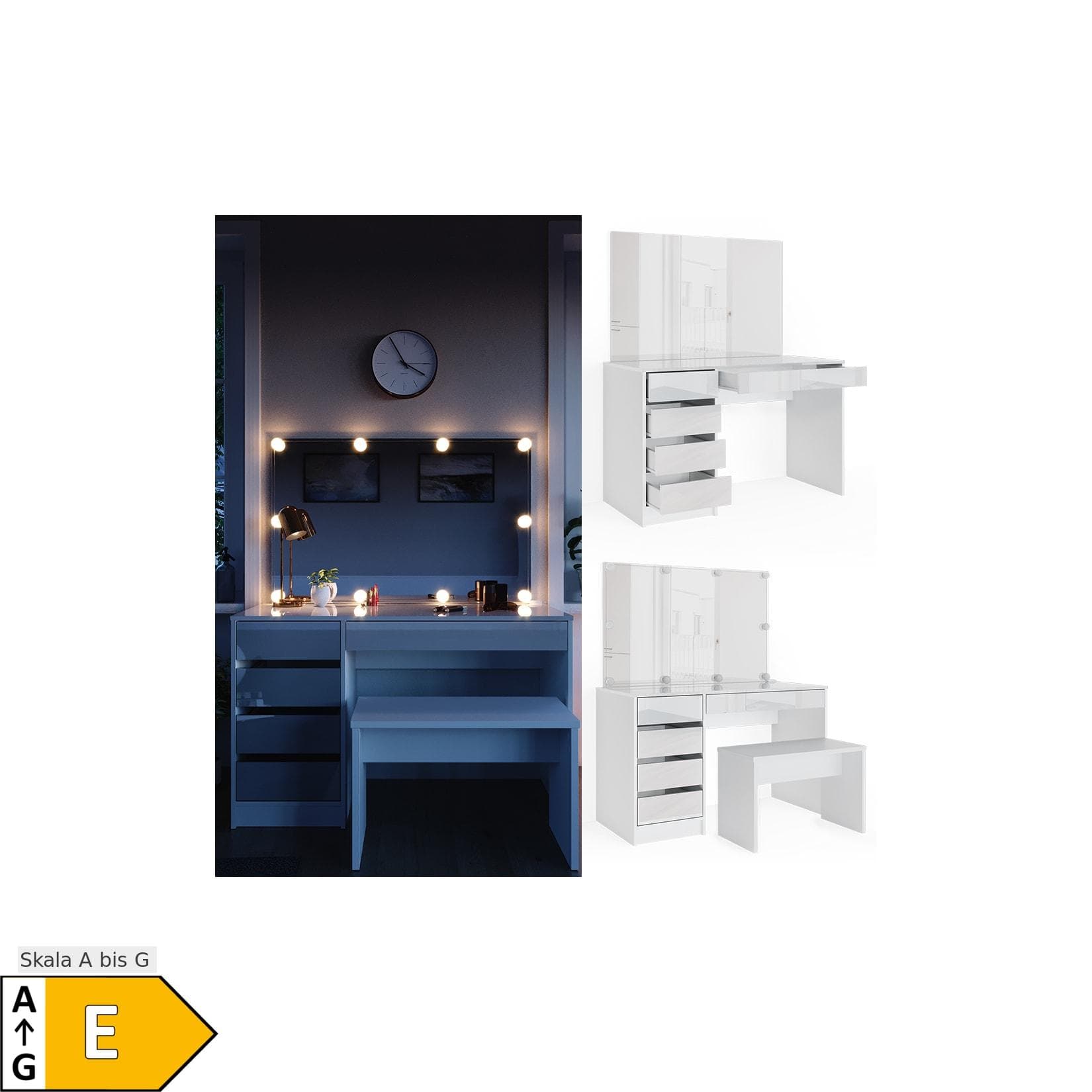 Weißer Schminktisch mit LED-Beleuchtung & Sitzbank