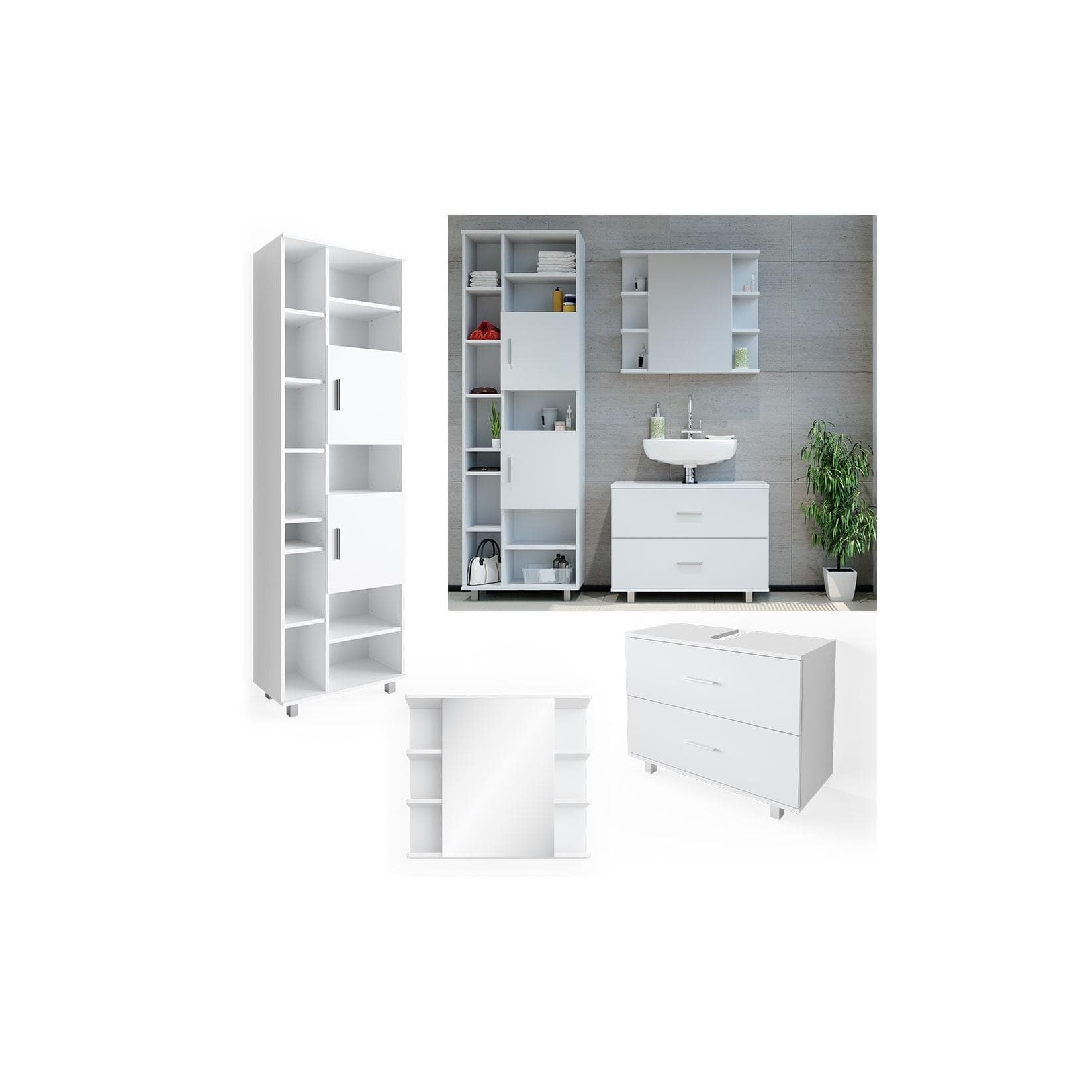 Modernes 3-teiliges Badmöbelset in Weiß mit Hochschrank