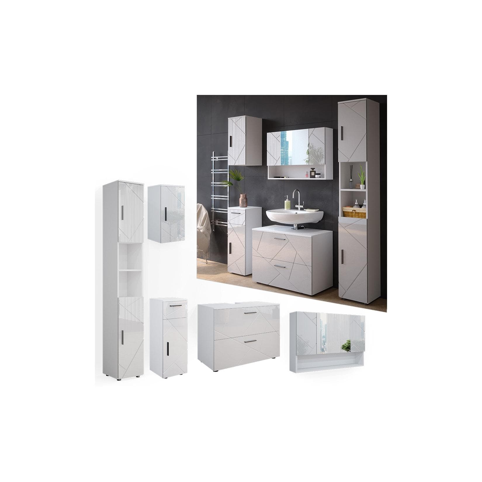 5-teiliges Badmöbelset in Weiß Hochglanz