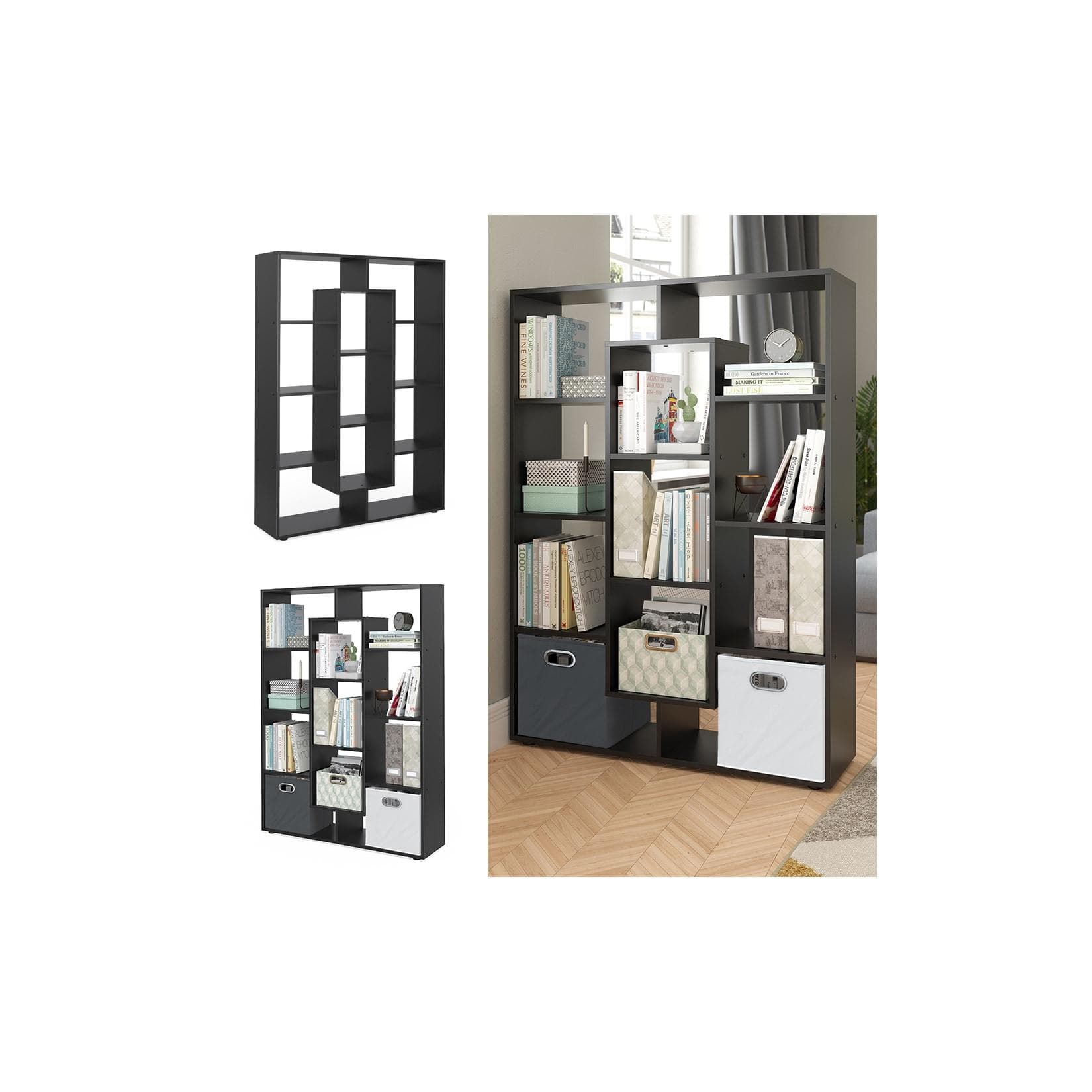 Vicco Raumteiler Schwarz - Freistehend mit 11 Regalen