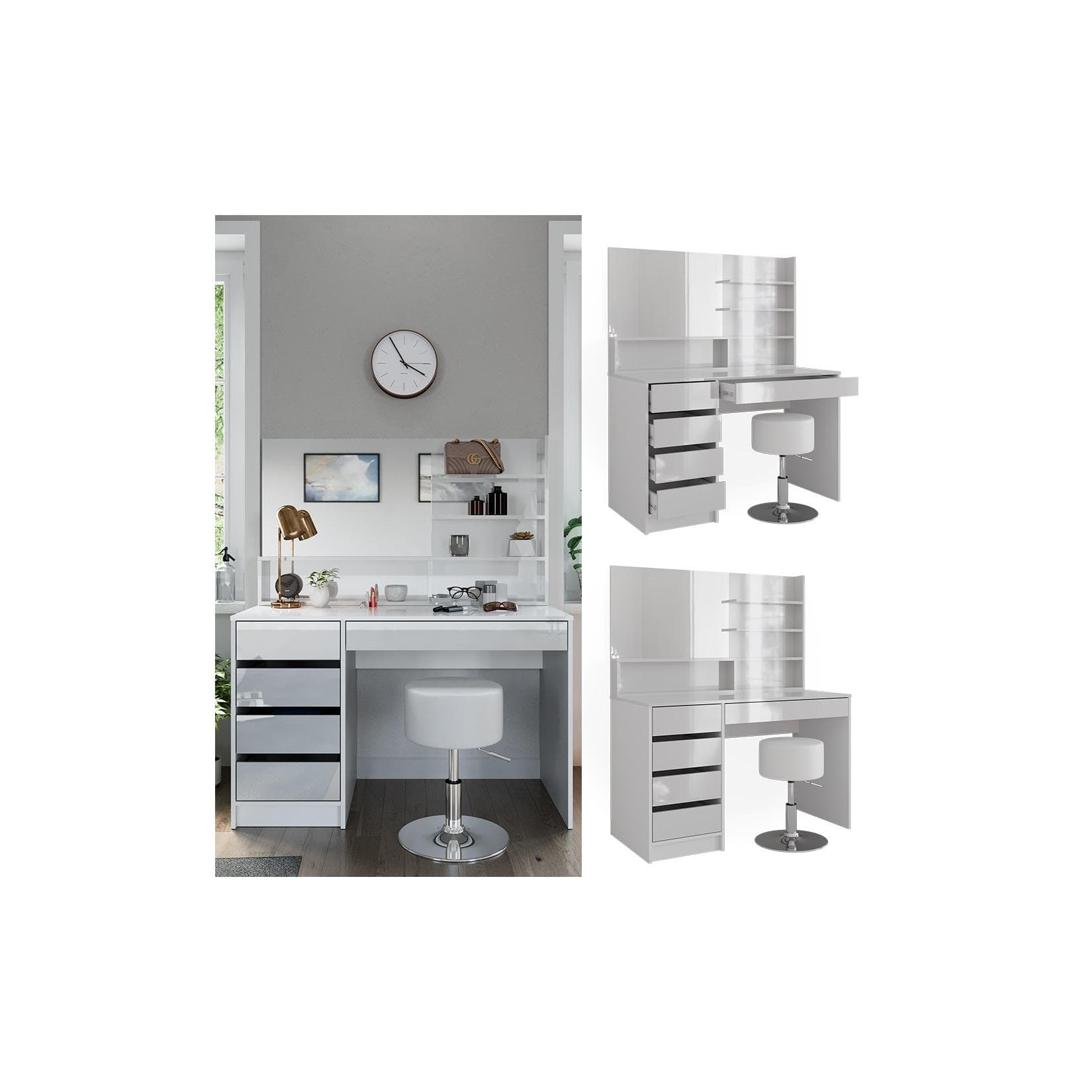 Vicco Schminktisch Sherry Weiß Hochglanz mit Hocker und Spiegelschrank