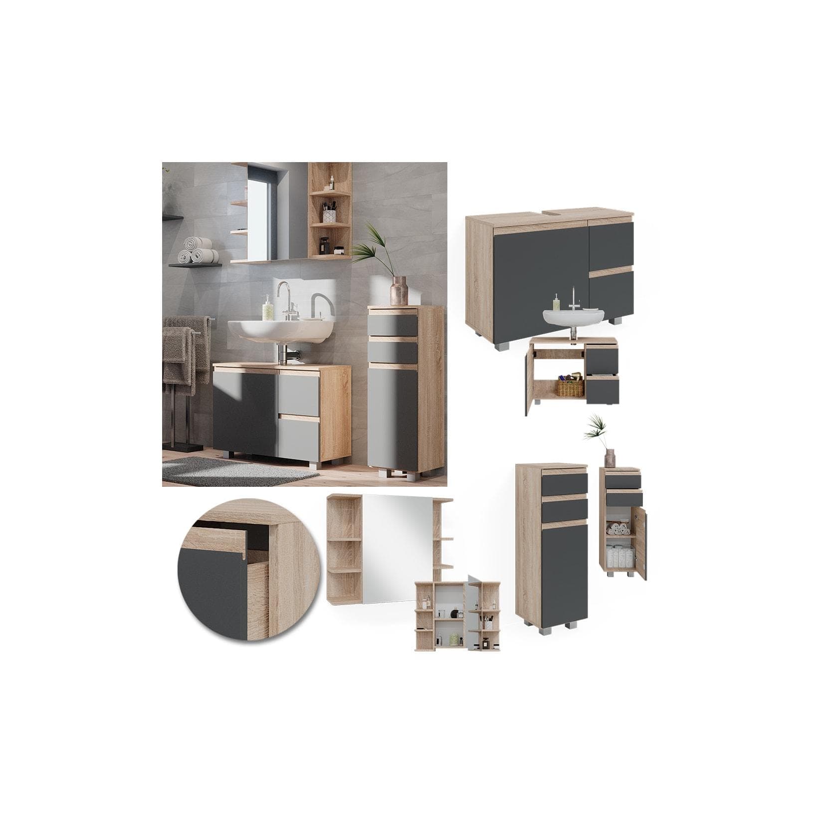 Anthrazit/Sonoma Badmöbel-Set mit Midischrank 3-teilig