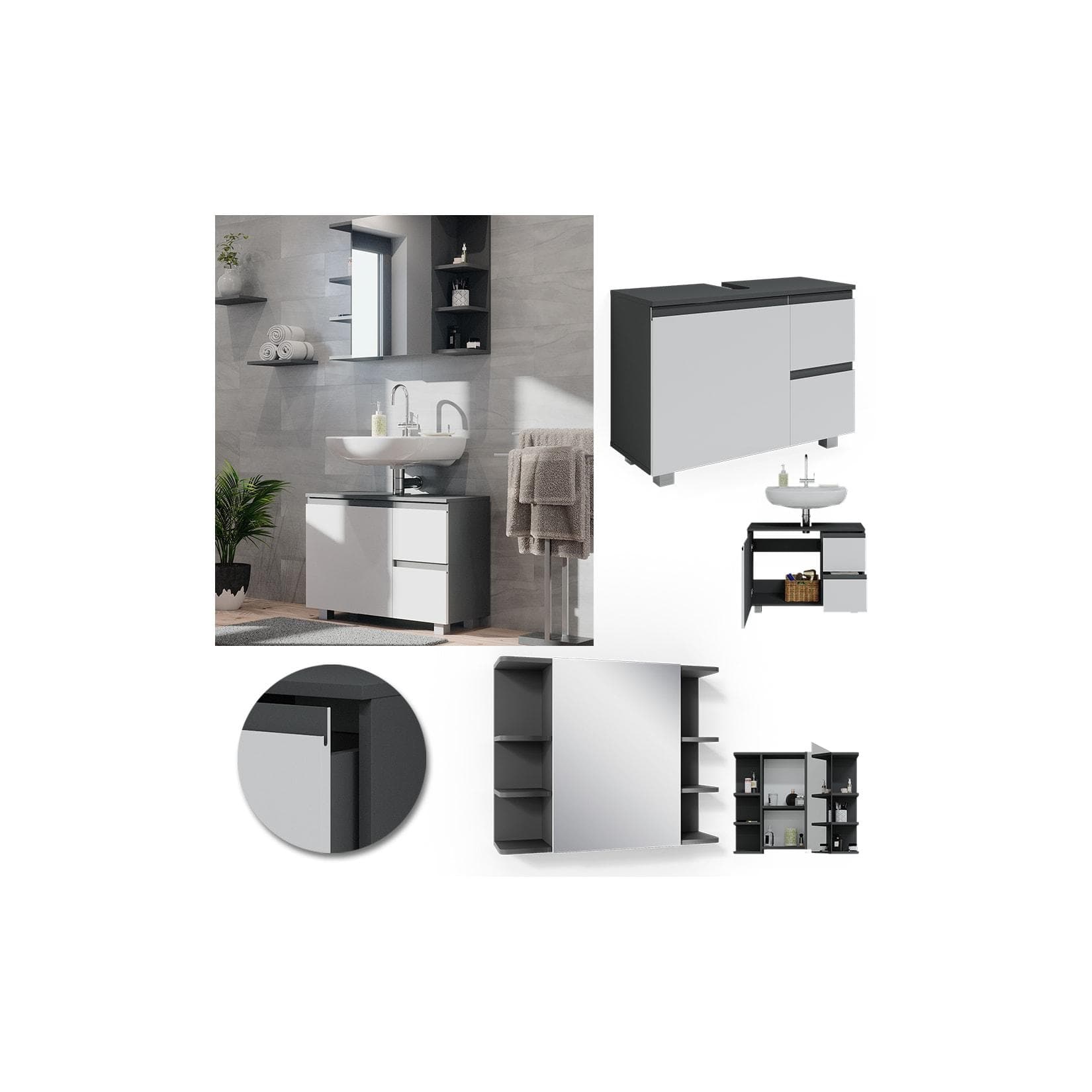 J-Shape Badmöbel-Set in Weiß/Anthrazit