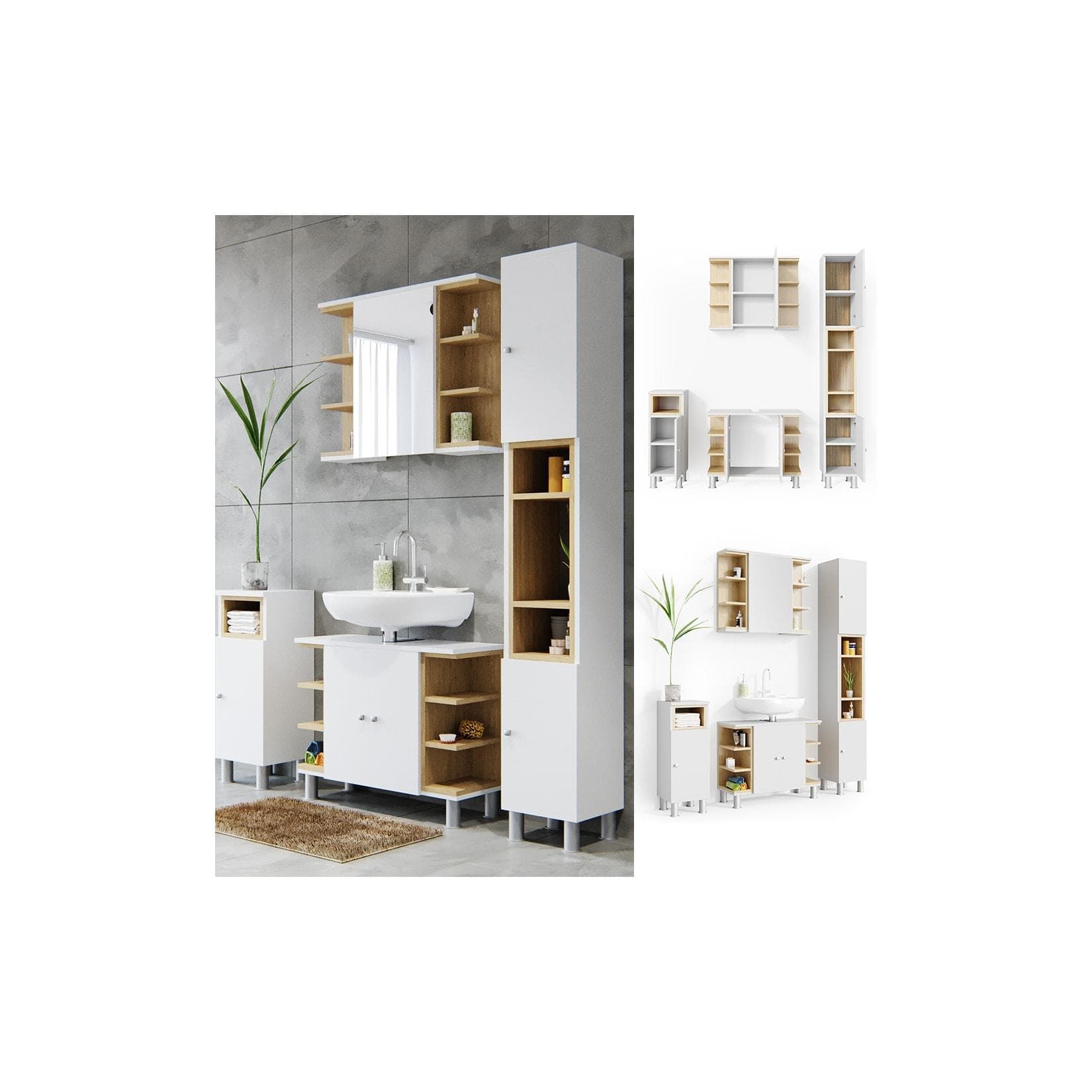 Badmöbel-Set Weiß/Eiche | Spiegelschrank & Waschtischunterschrank