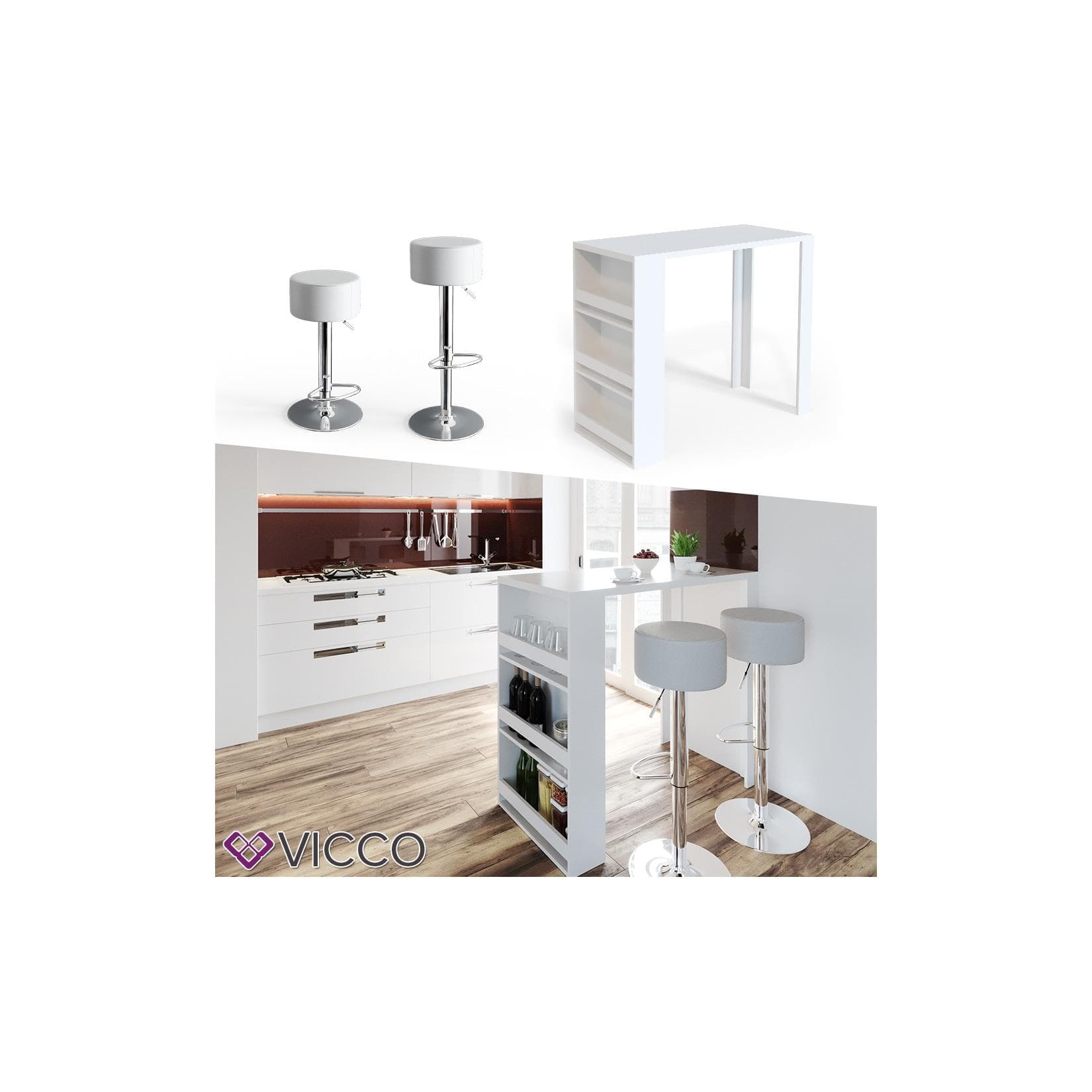 Weißer Bartisch mit 2 Barhockern