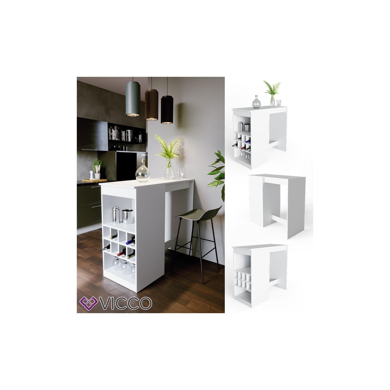 Vicco Bartisch Ross Weiß - Funktionaler Bar-Tisch mit Regal und Flaschenfächern