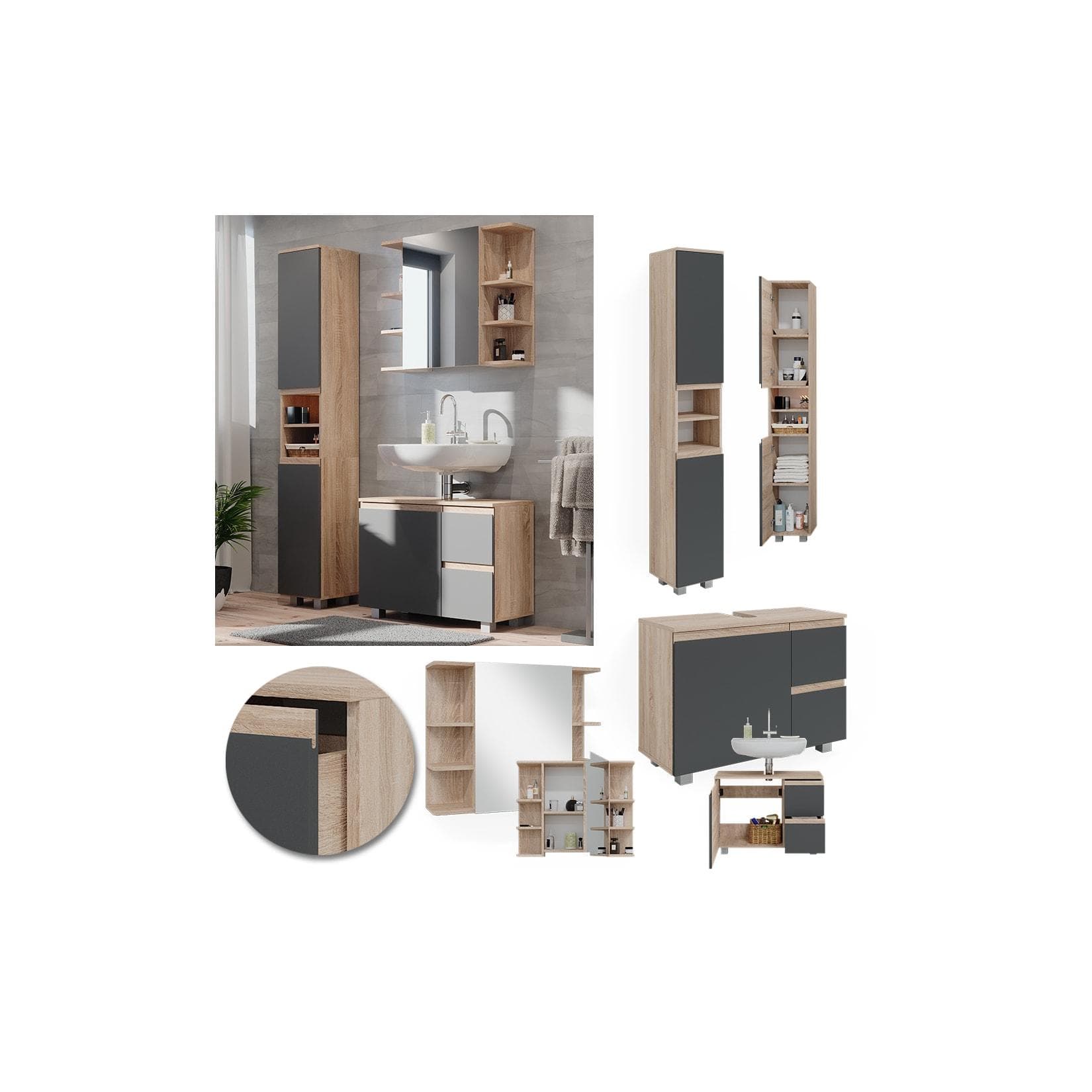 Anthrazit/Sonoma Badmöbel-Set J-Shape mit Hochschrank