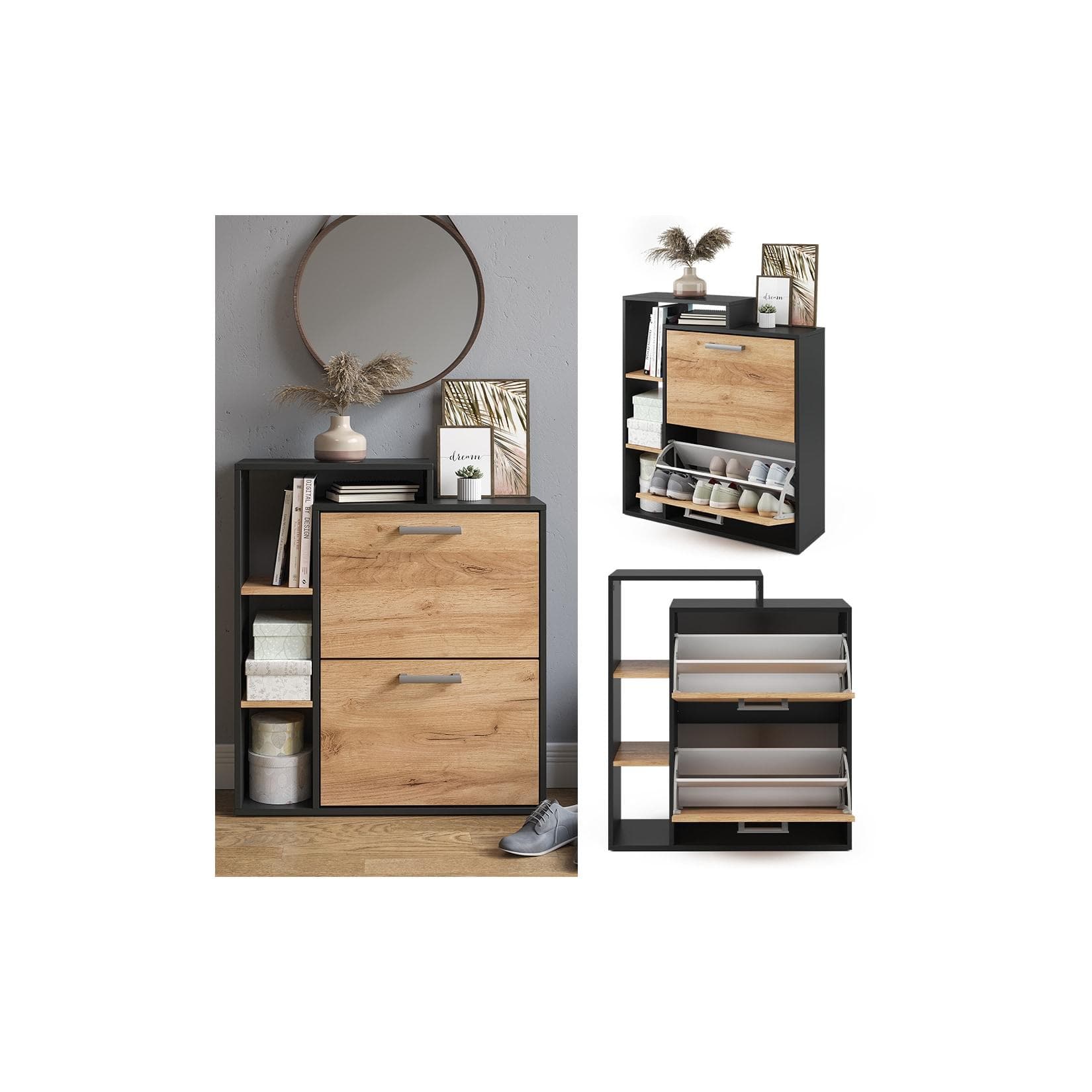 Anthrazit/Eichen Schuhkipper - Praktische Aufbewahrungslösung