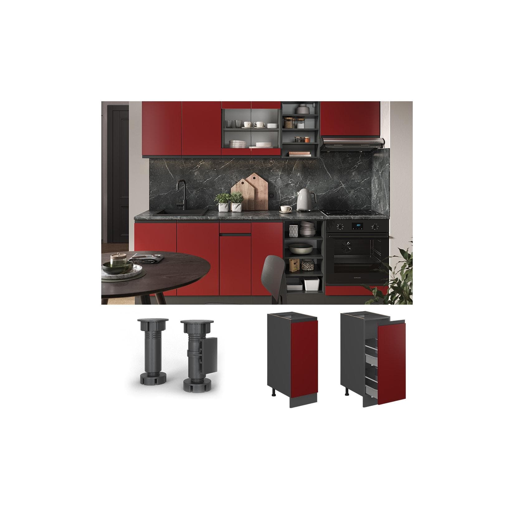 Roter Apothekerschrank in J-Form mit Anthrazitdetails