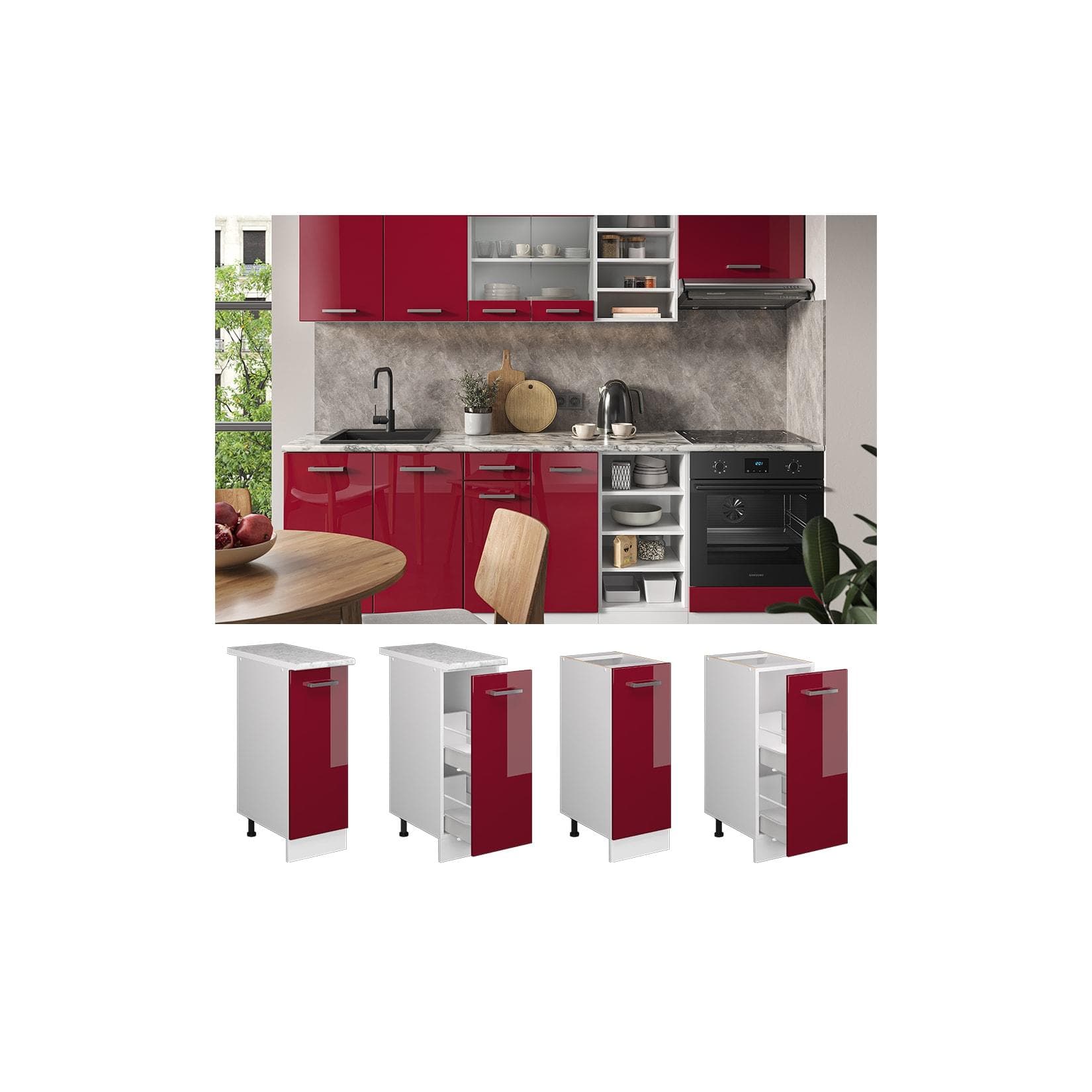 Apothekerschrank Bordeaux Hochglanz/Weiß mit Marmoroberfläche