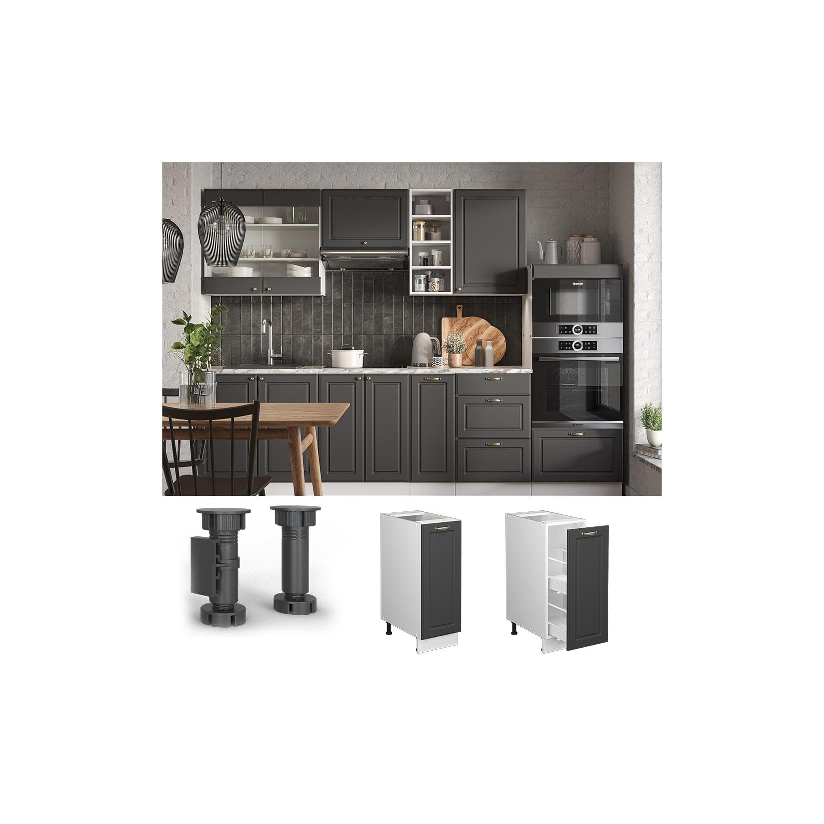 Anthrazit-Goldener Apothekerschrank mit Weißer Front | Ohne Arbeitsplatte