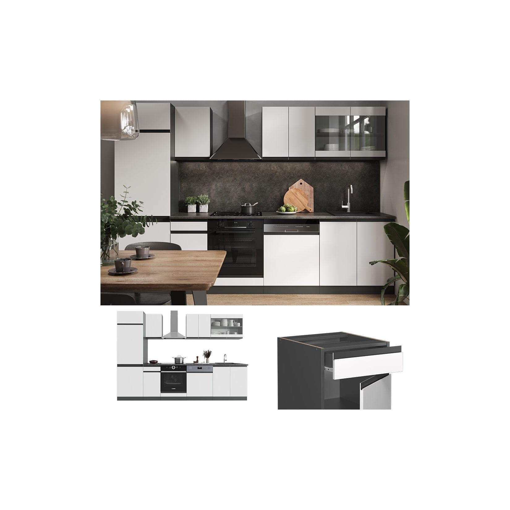 J-förmige Küchenzeile in Weiß/Anthrazit