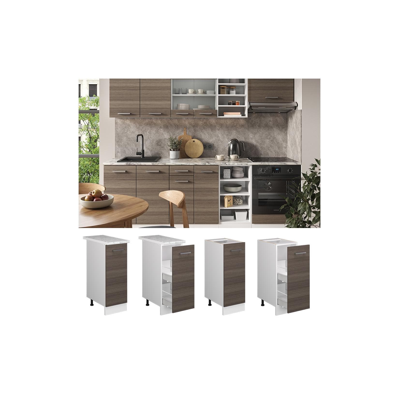 Grauer Apothekerschrank mit Marmoroberfläche