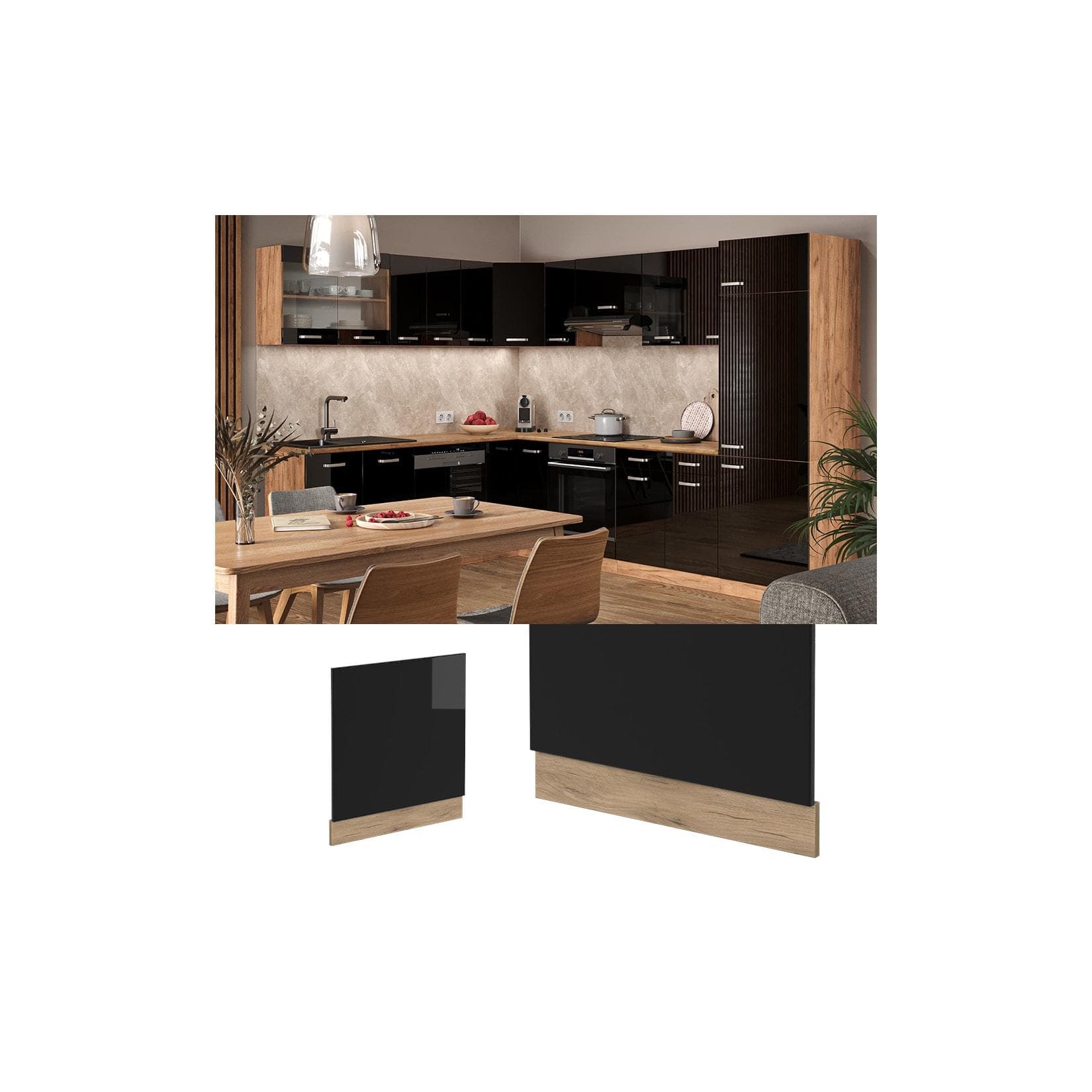 Hochglanz-Frontblende Schwarz mit Goldkraft Eiche - R-Line Design