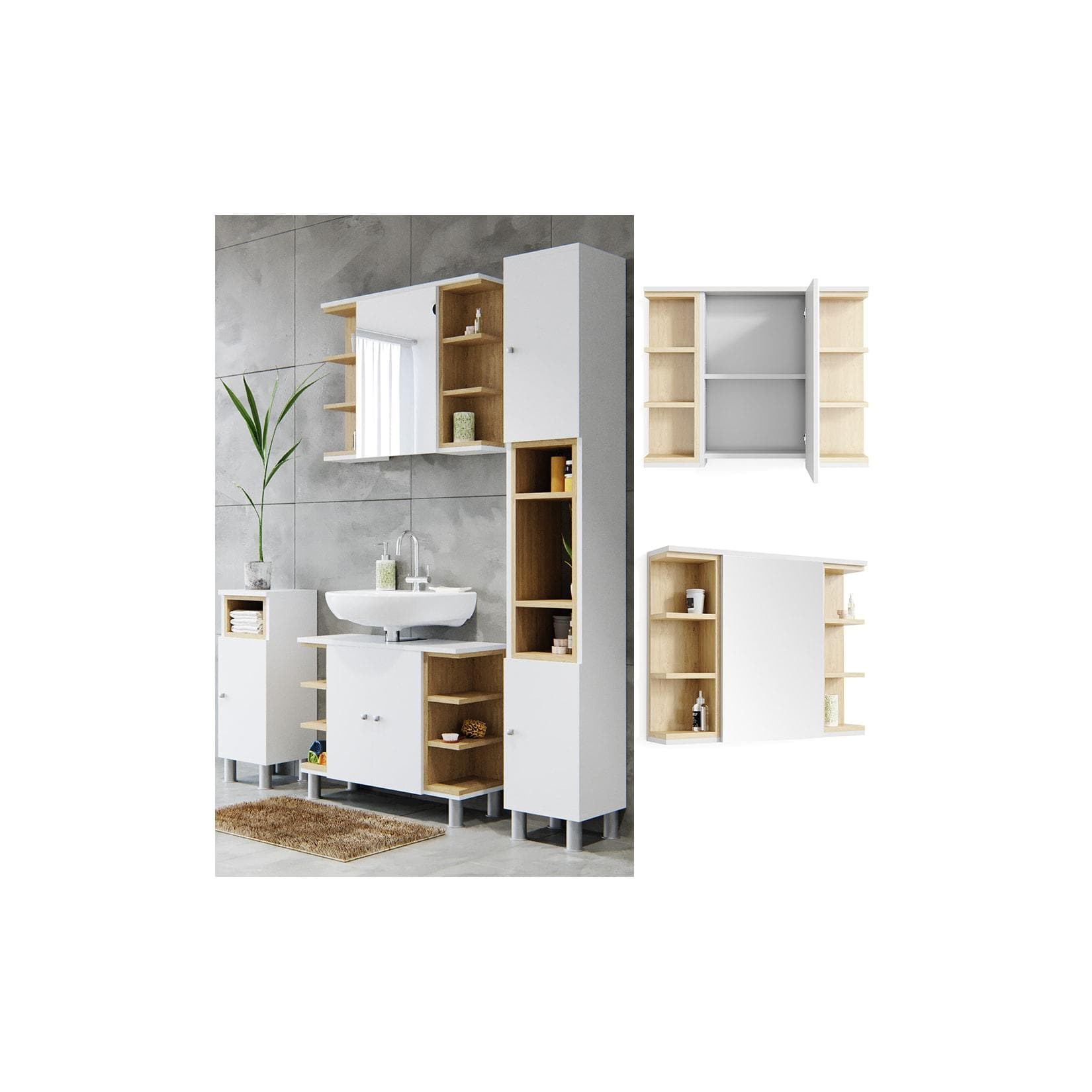 Weißer Badezimmerspiegelschrank mit Sonoma-Dekor